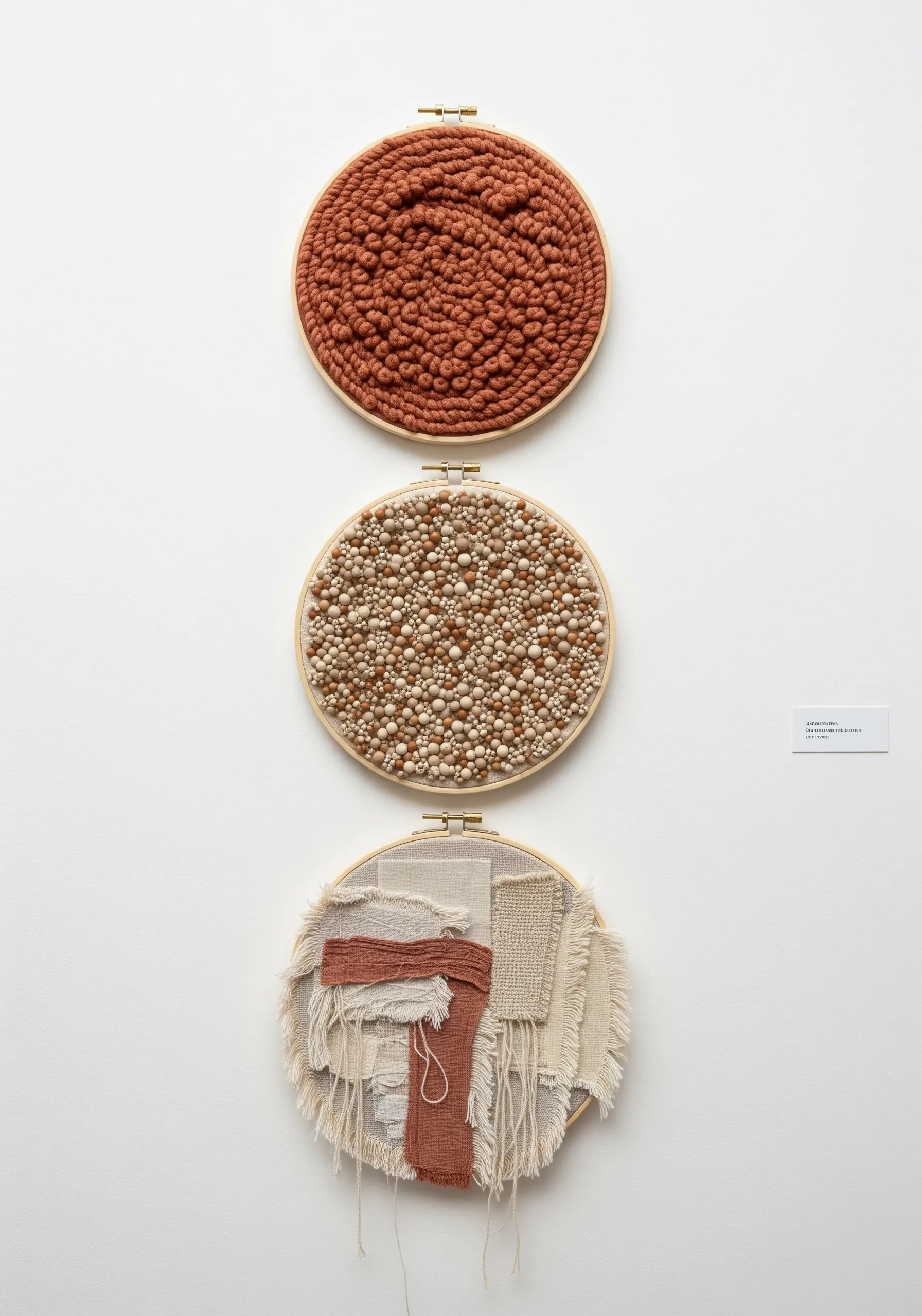 A triptych of embroidery hoops, each showcasing a different texture: woven yarn, beads, and fabric scraps.