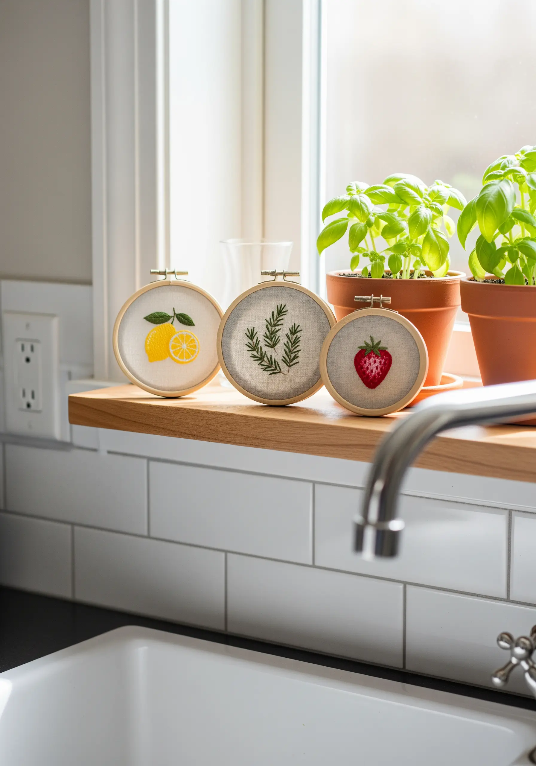 Three small embroidery hoops with a lemon, rosemary, and strawberry on a kitchen windowsill.