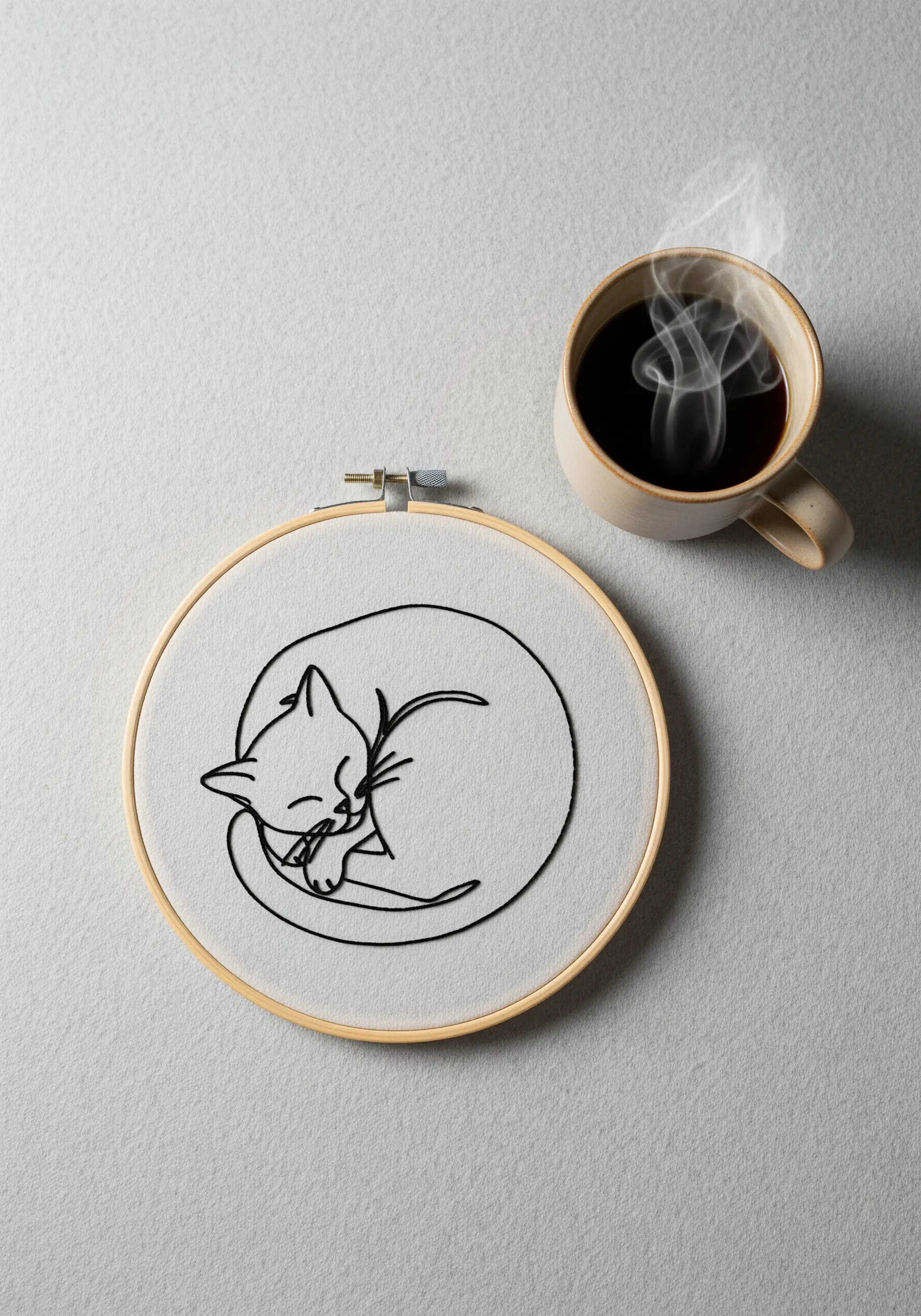 A minimalist line art embroidery of a sleeping cat curled into a circle.