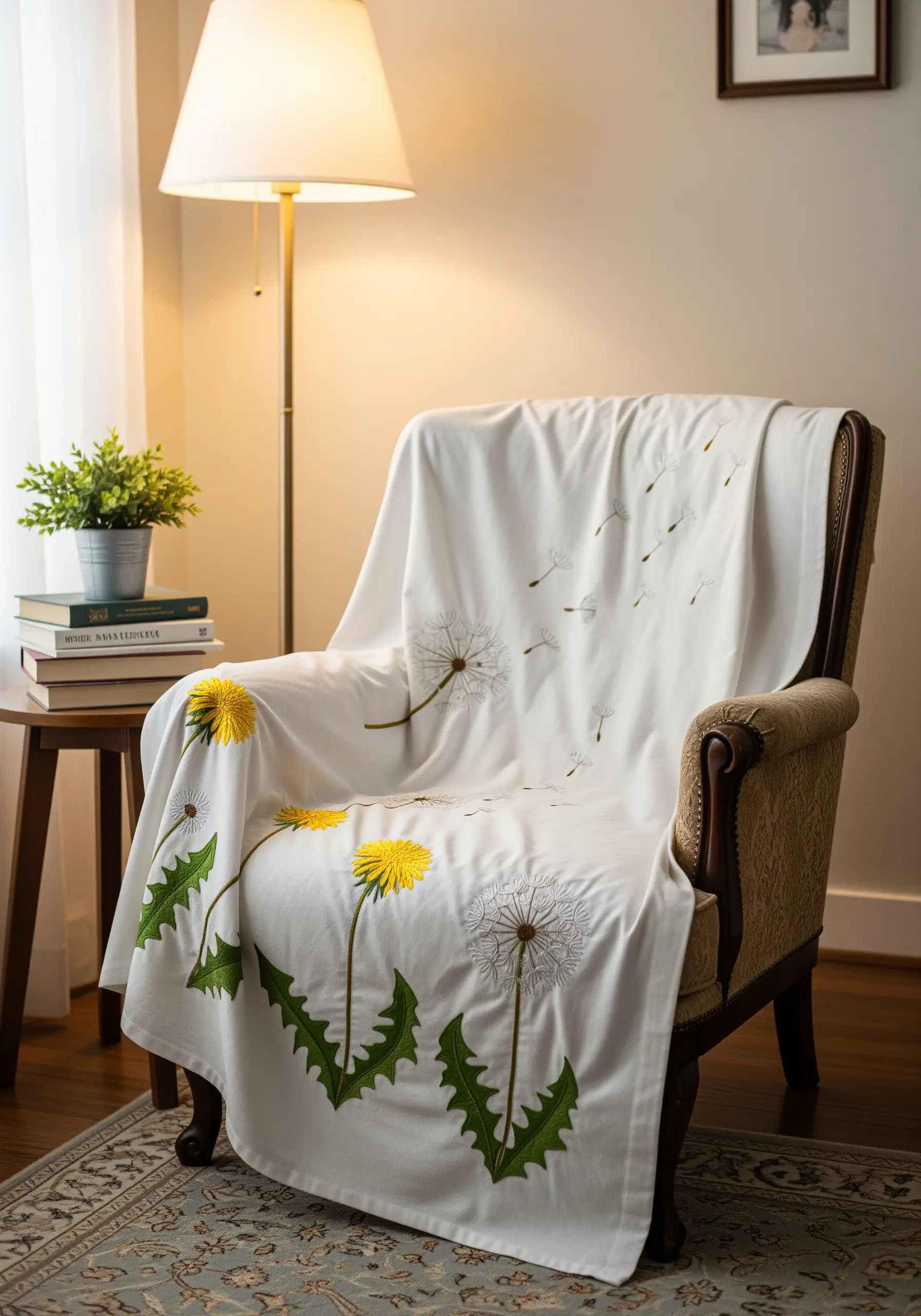 Dandelions in bloom and seed, embroidered across a white throw blanket.