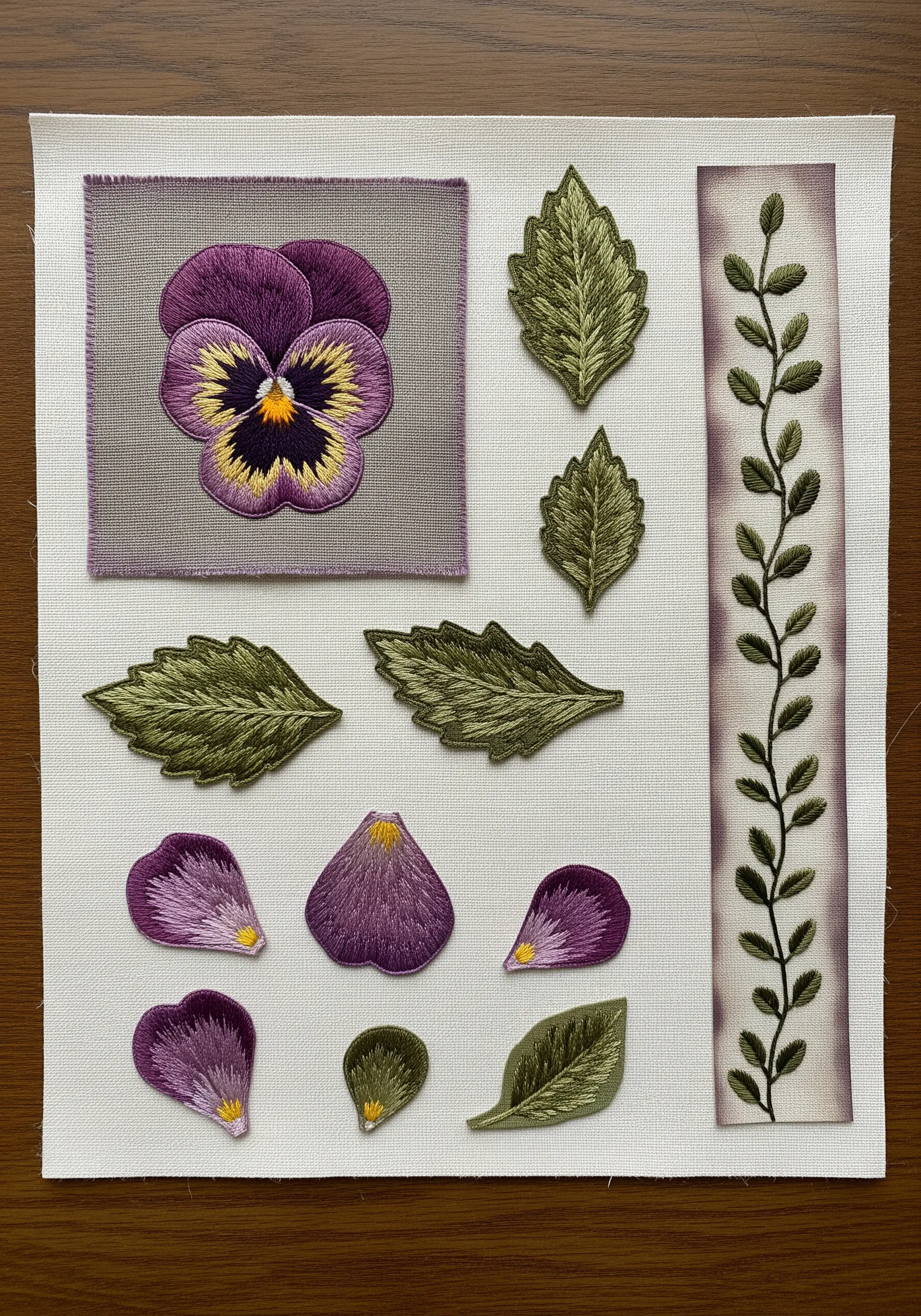 A fabric sampler showing a stitched pansy, with its individual petals and leaves embroidered separately.