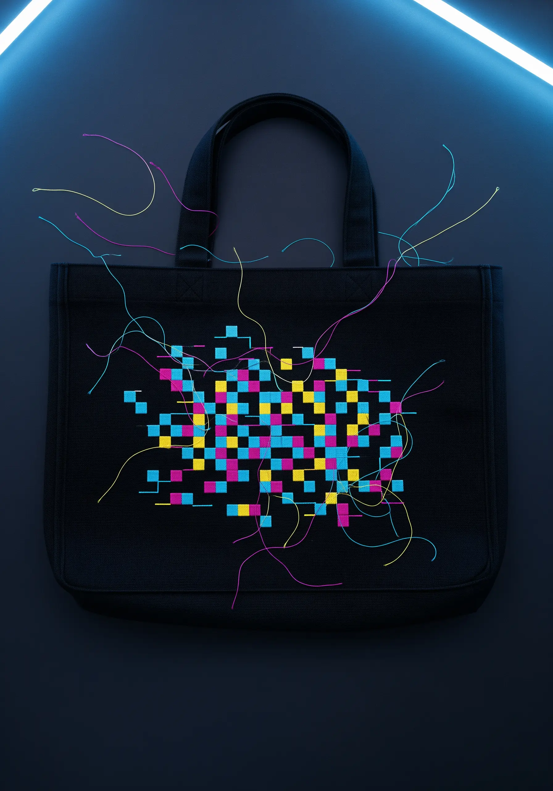 Abstract pixelated grid design in pink, blue, and yellow with loose threads on a black tote.