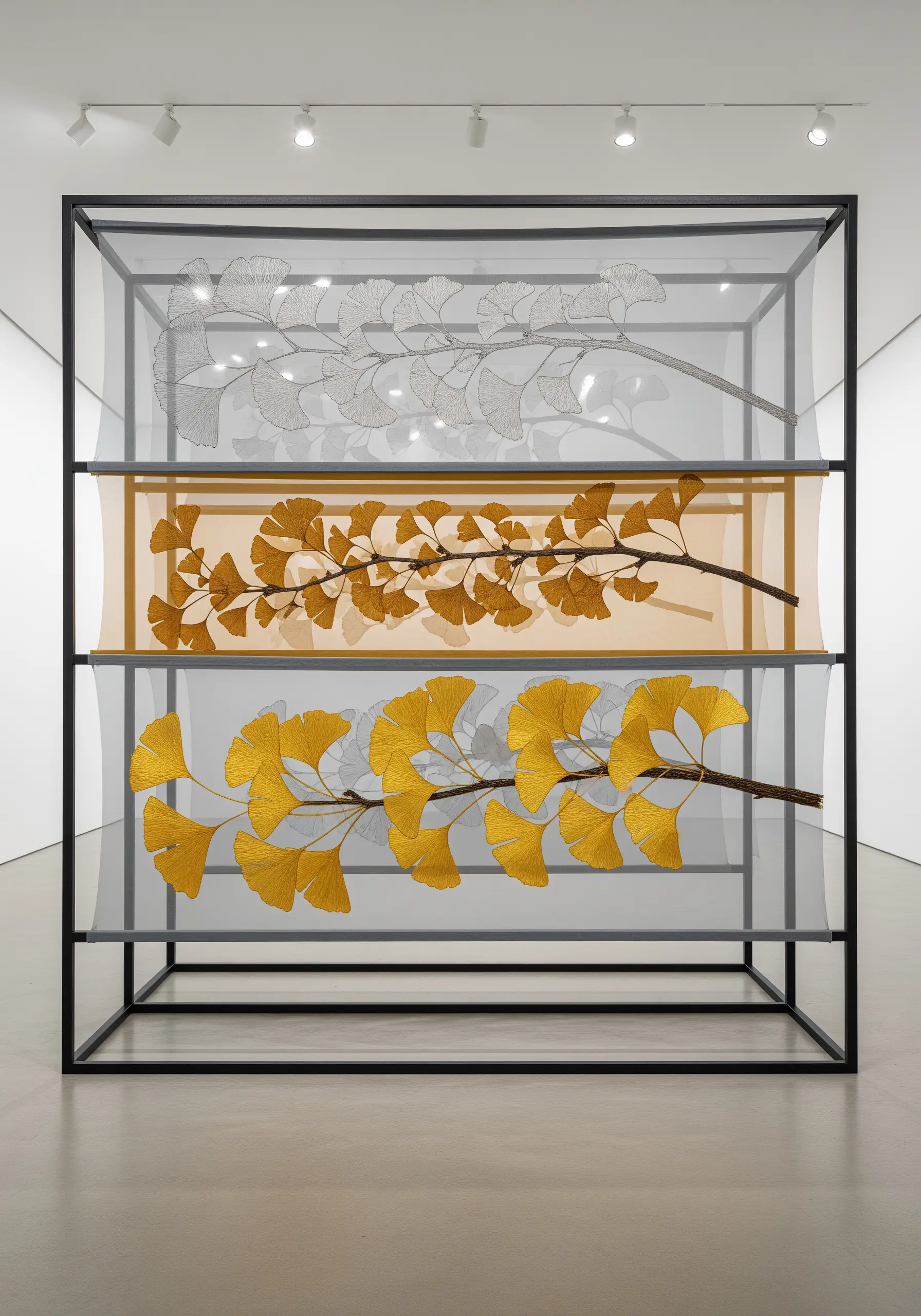 Three-tiered embroidery installation showing ginkgo leaves in white, ochre, and gold on sheer fabric.