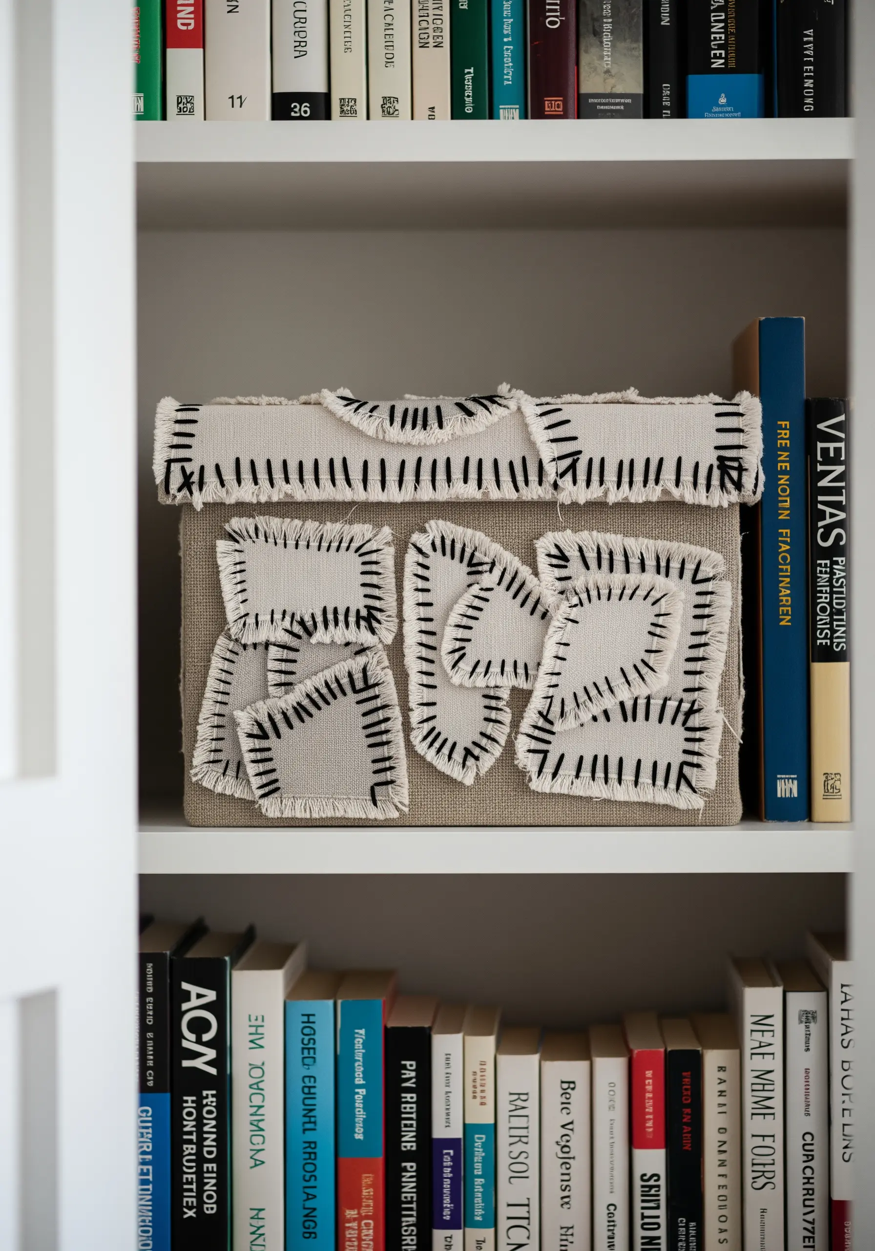 A linen storage box decorated with raw-edge canvas appliqué and black running stitches.