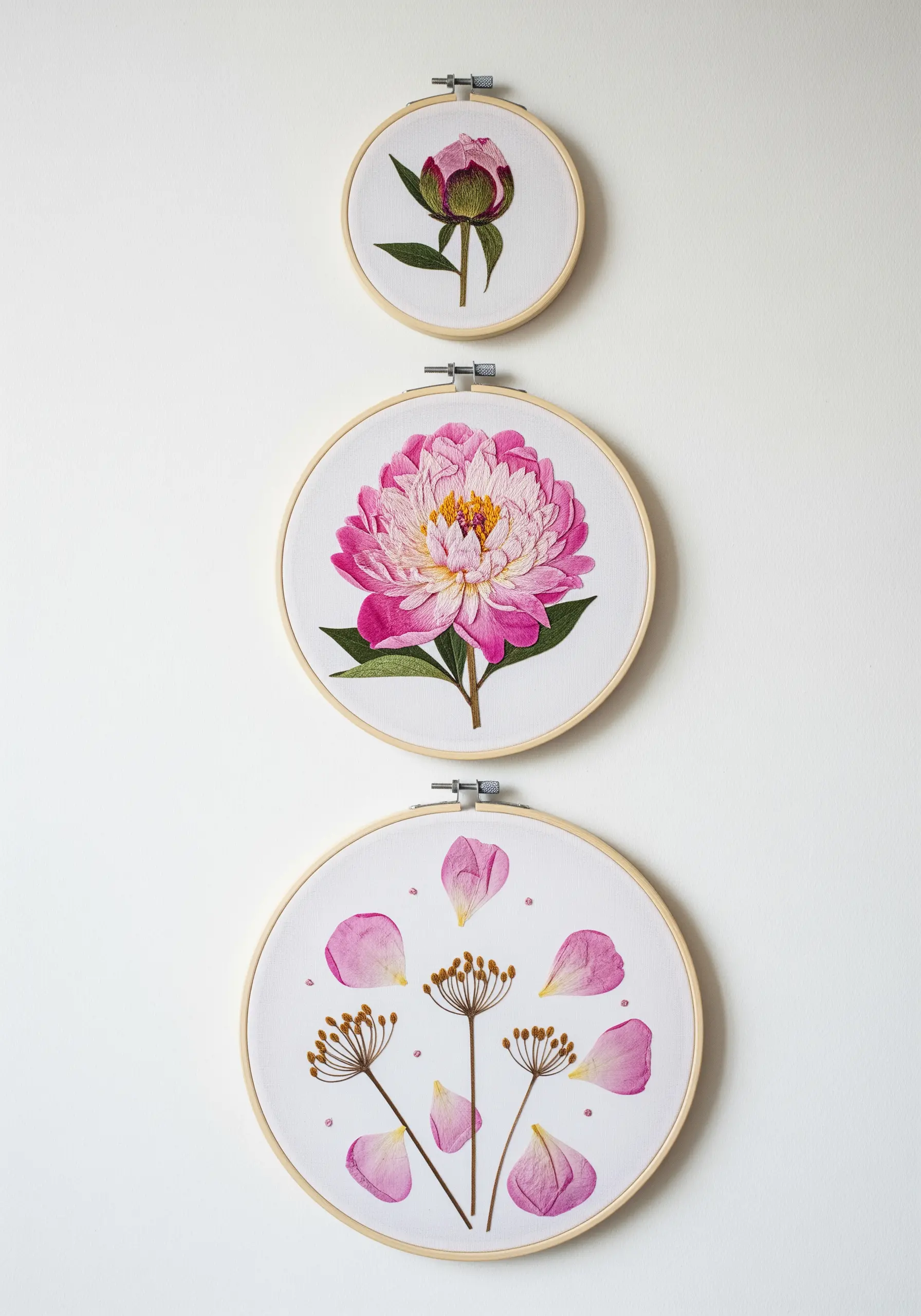 A set of three embroidery hoops showing a peony bud, a full bloom, and deconstructed petals.
