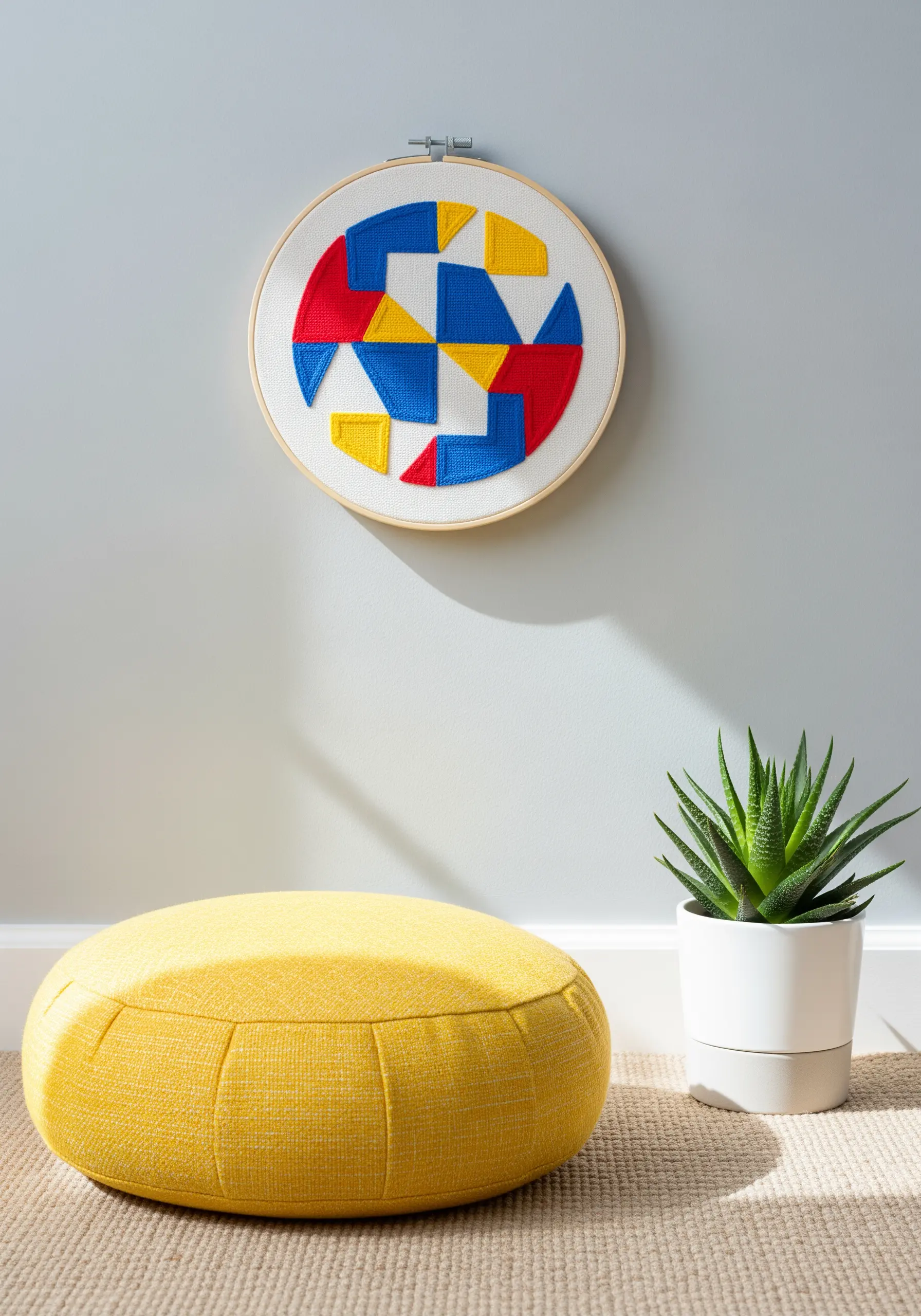 An abstract geometric mandala using color-blocked shapes in primary colors.