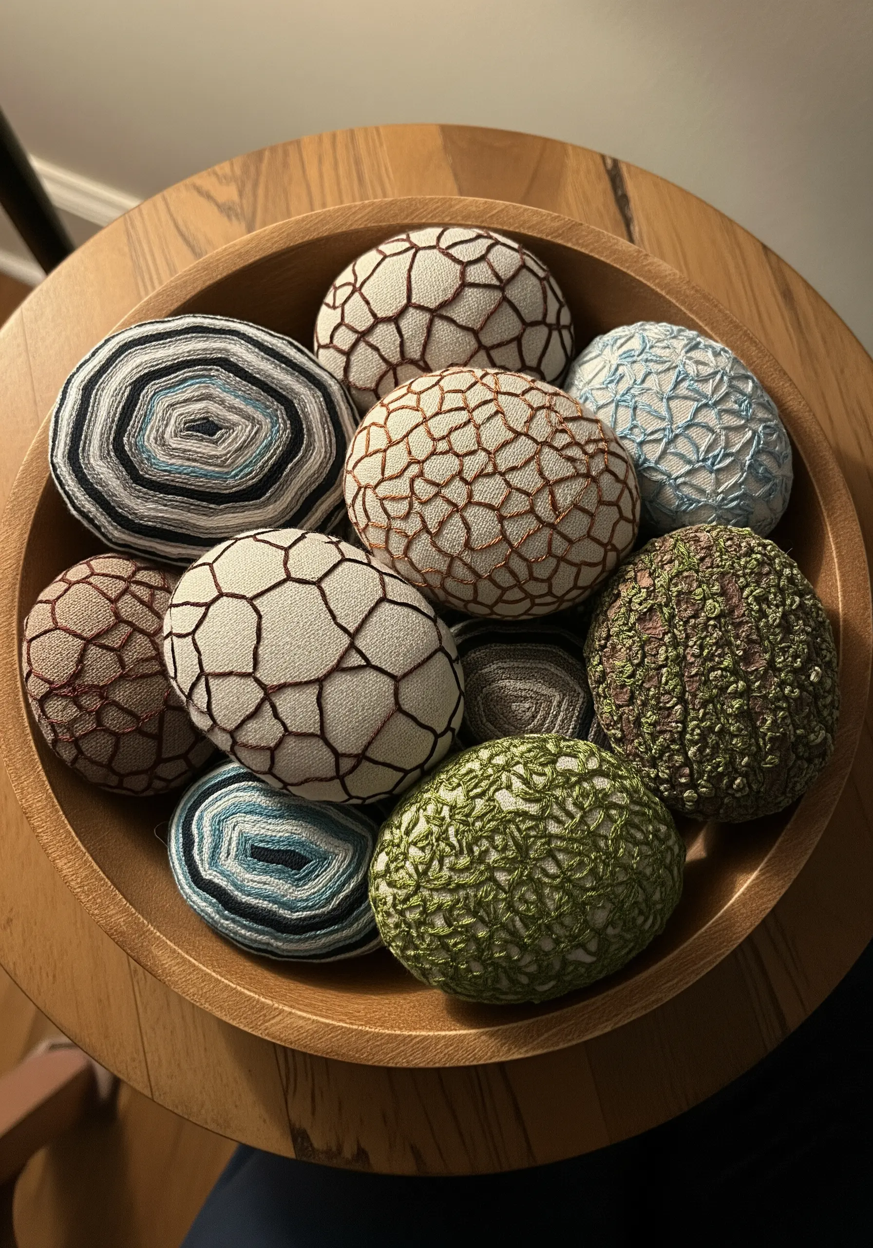 A wooden bowl filled with round stones that have been covered in embroidered fabric.