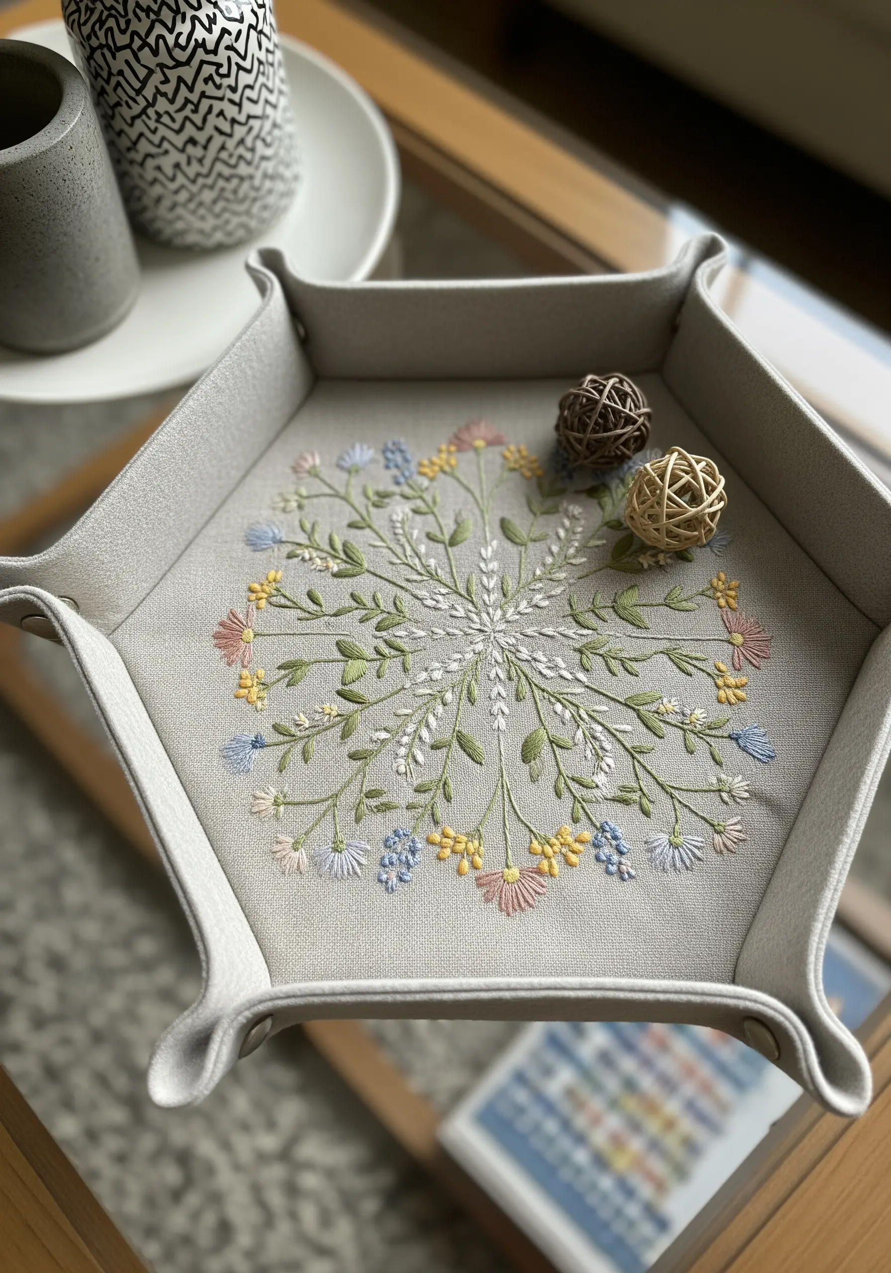A hexagonal valet tray with a delicate floral mandala embroidered in the center.