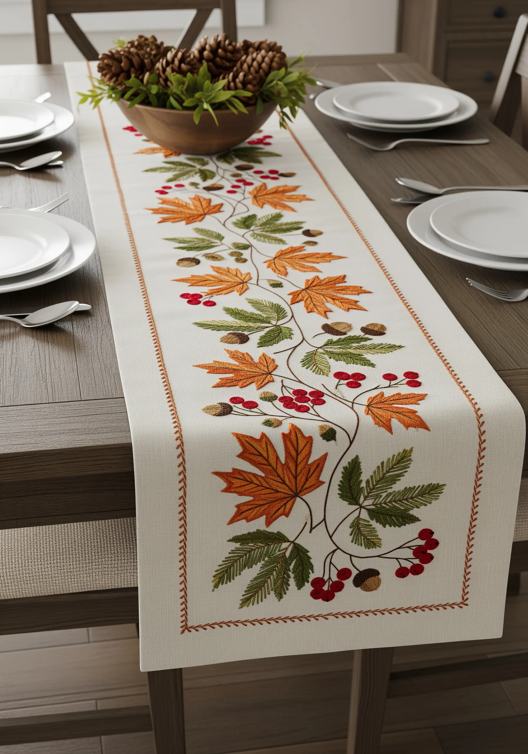 Linen table runner embroidered with autumnal leaves, berries, and acorns.