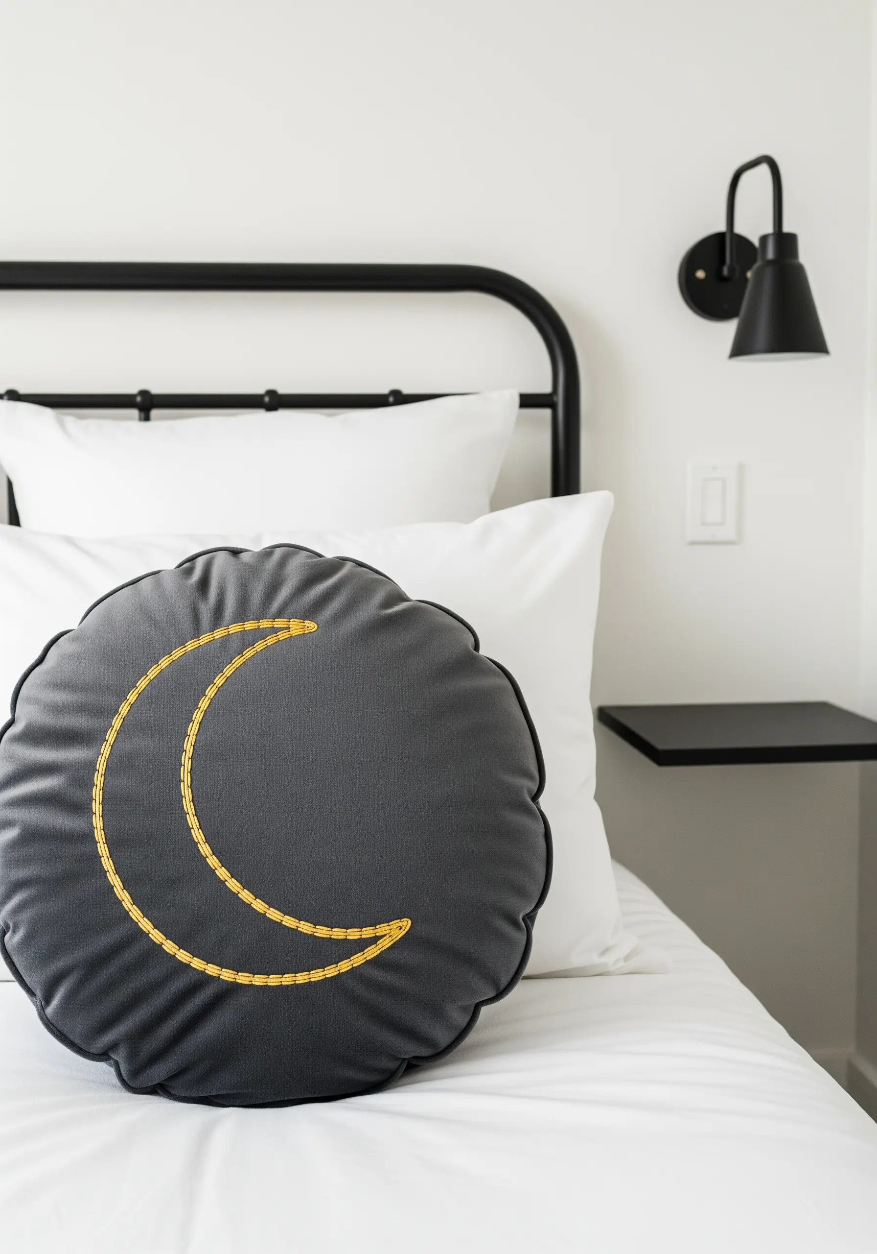 A bold crescent moon embroidered in a gold whipped backstitch on a round grey cushion.