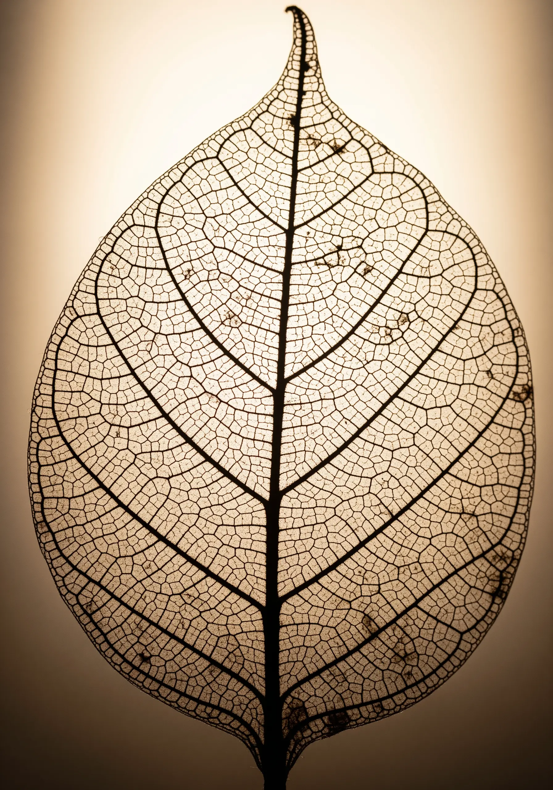 The delicate, translucent silhouette of a skeleton leaf, showing its intricate network of veins.