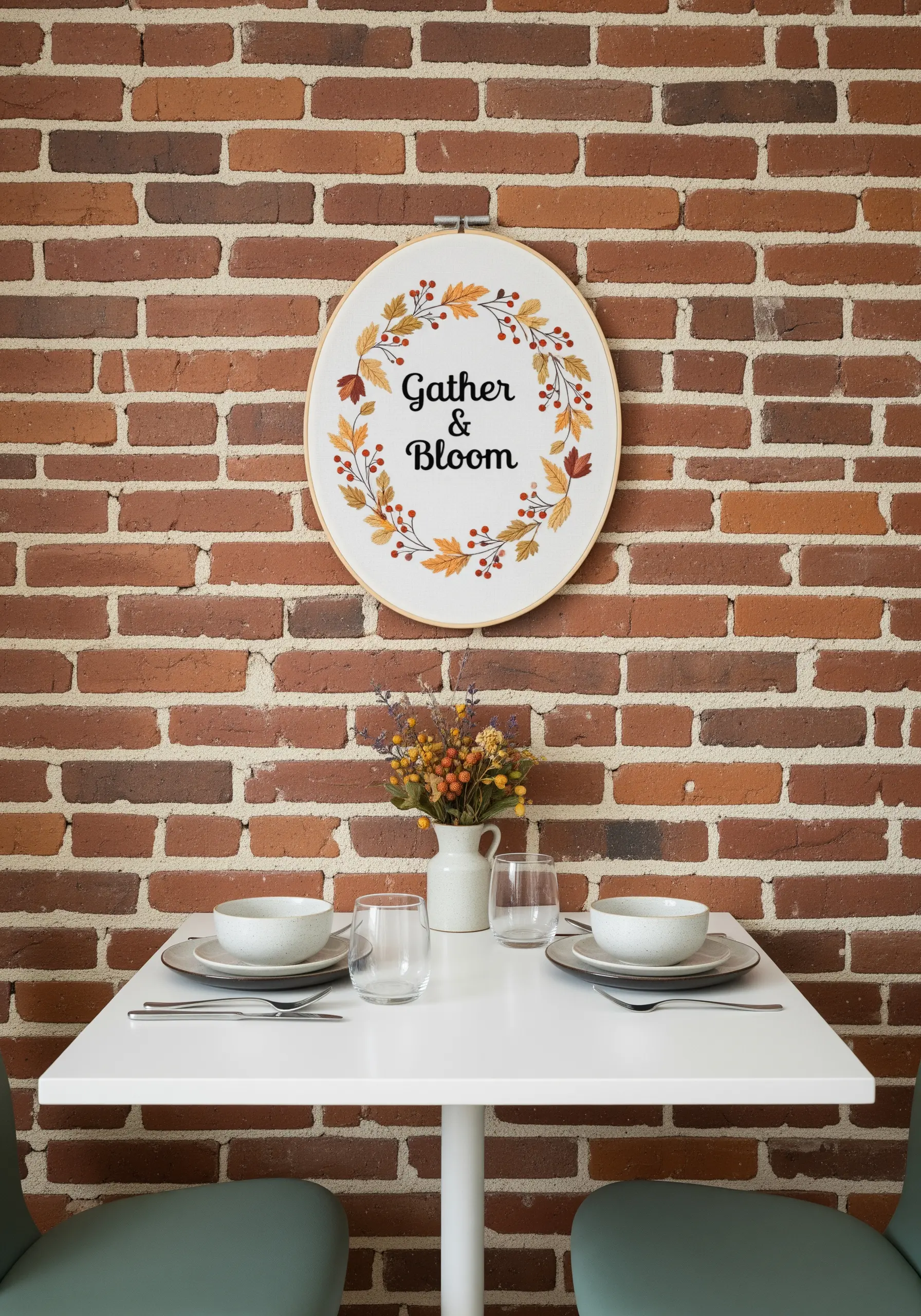 A large oval embroidery hoop with an autumn wreath and the words 'Gather & Bloom'.