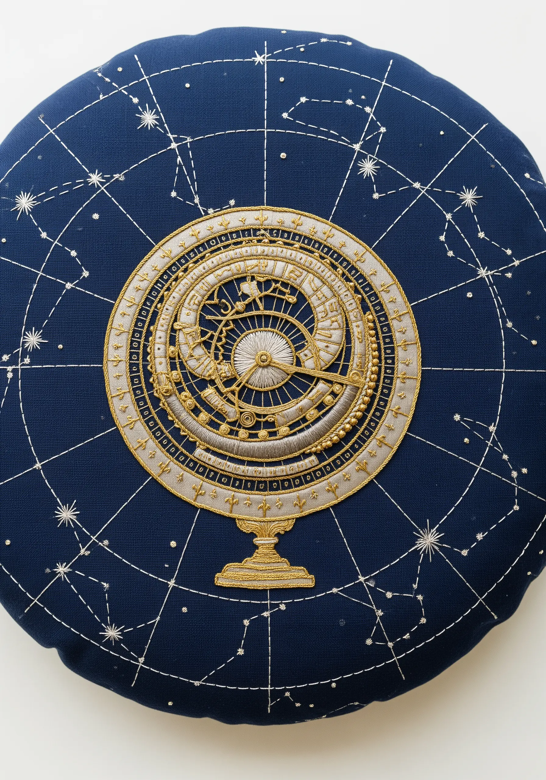 A highly detailed golden and silver astrolabe embroidered on a round navy blue cushion.