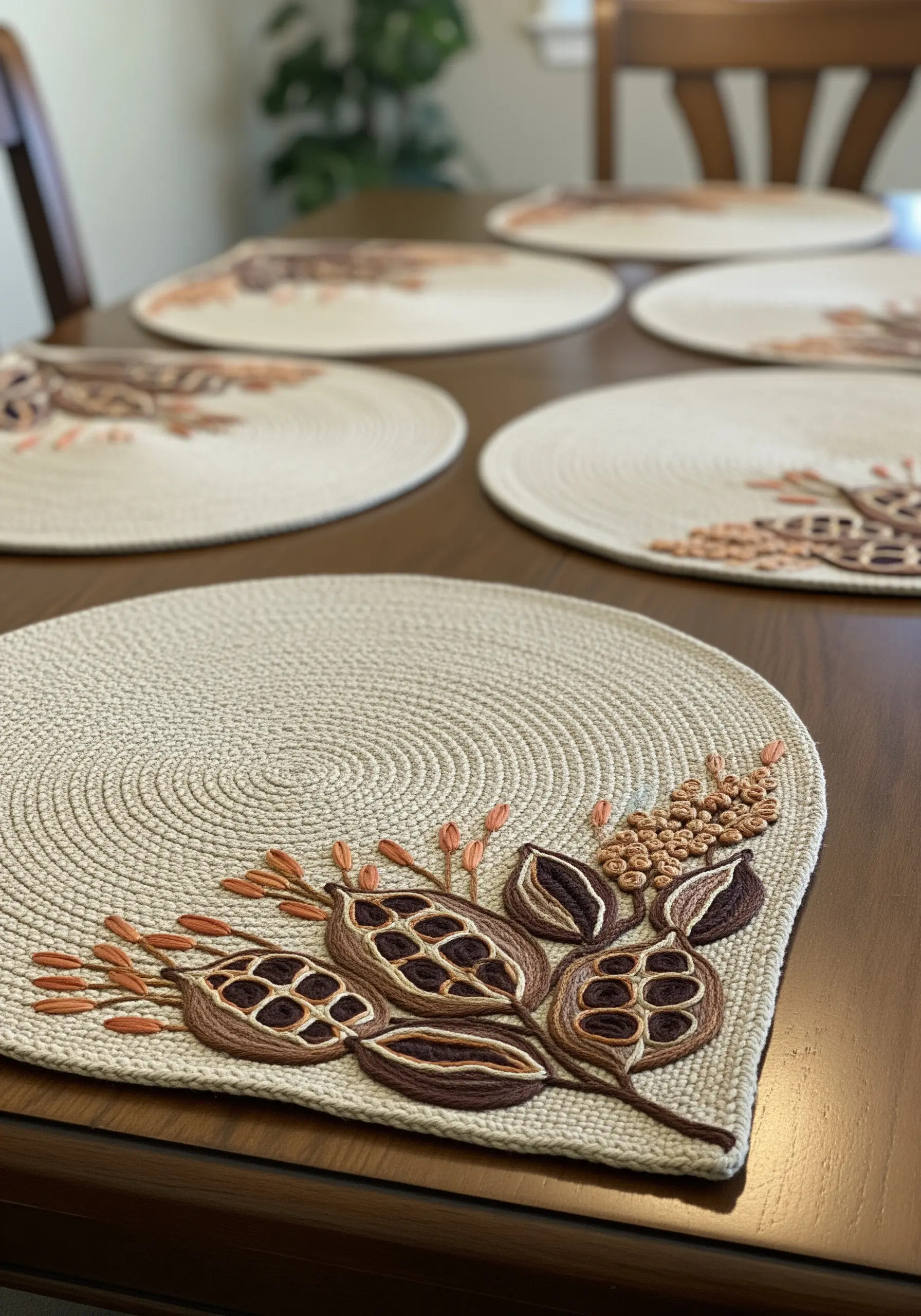 A close-up of a woven placemat embroidered with satin-stitched seed pods in earthy tones.