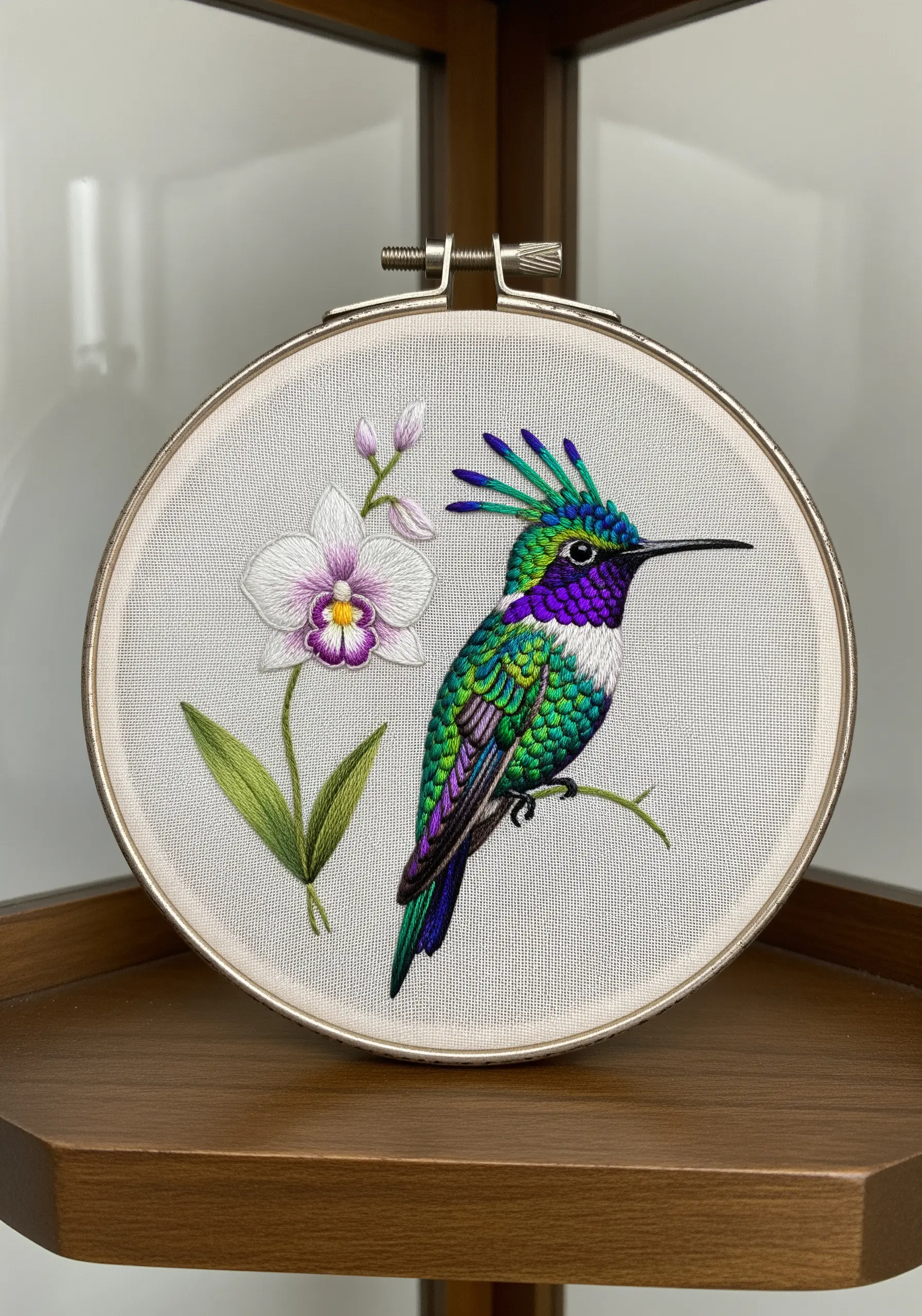 A colorful hummingbird with each throat feather outlined in a dark thread.