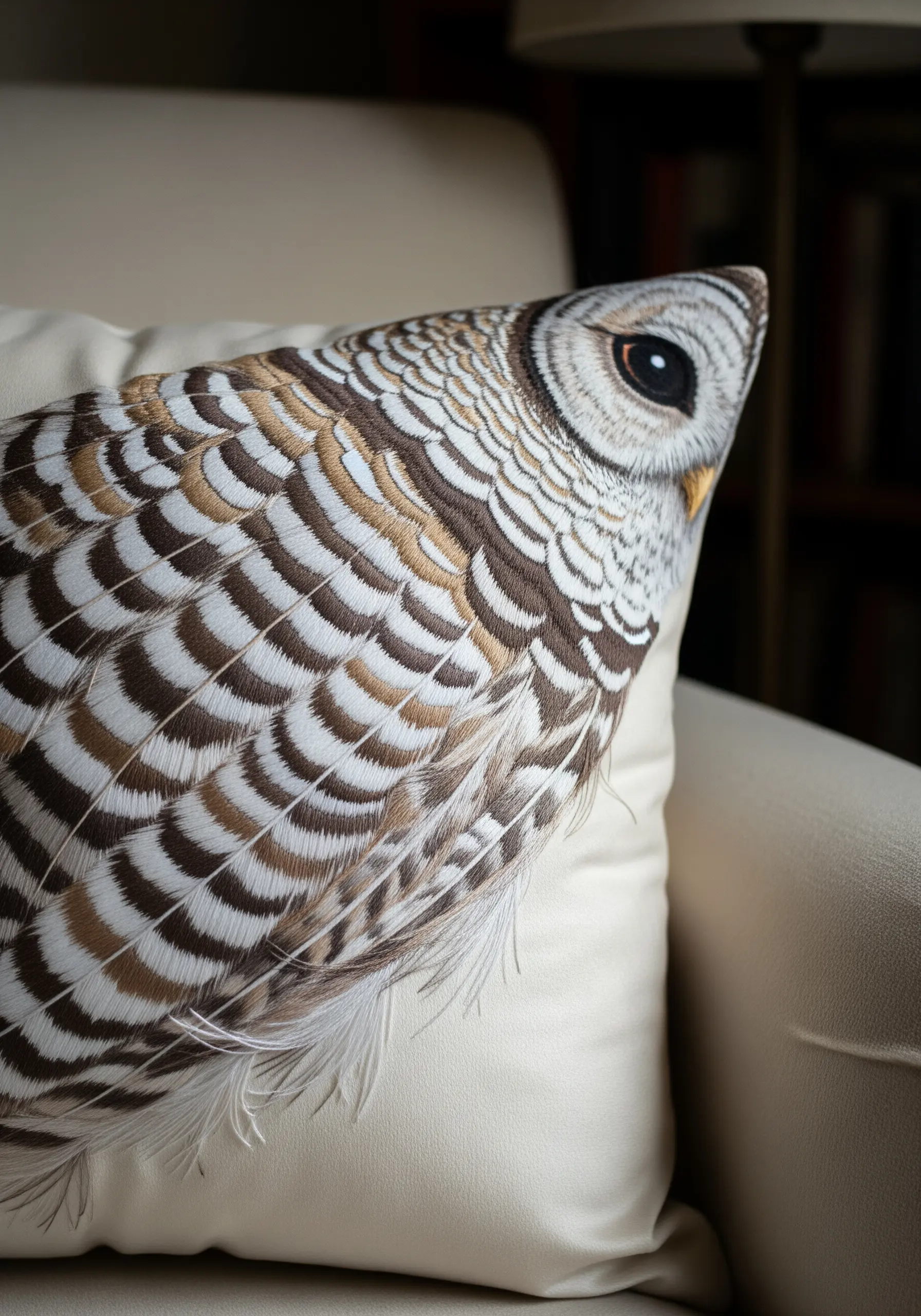 An embroidered owl on a cream cushion, with precisely stitched feathers in brown, white, and gold.