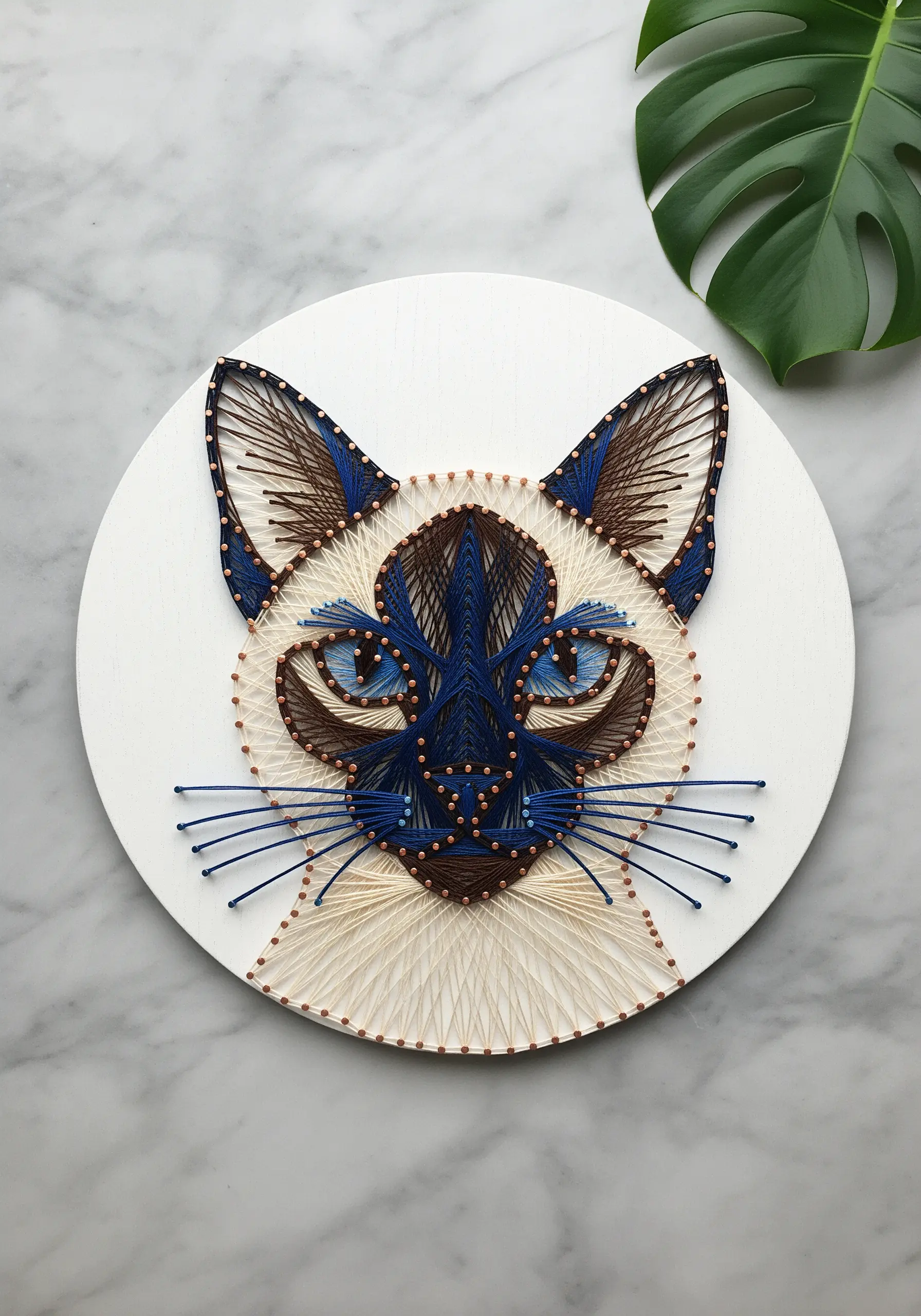 String art of a Siamese cat with striking blue eyes on a white circular board.