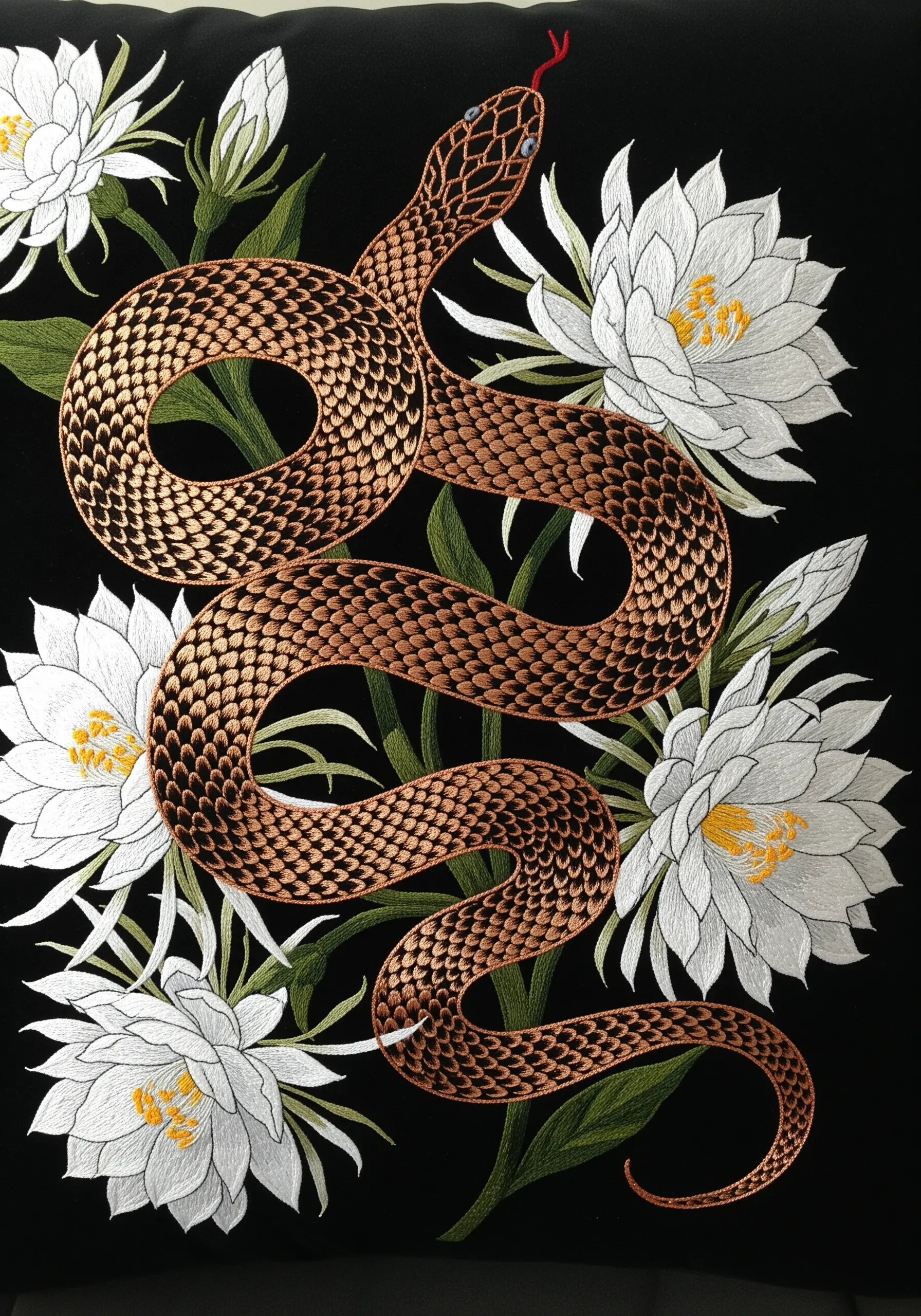 A metallic embroidered snake winding through soft, white night-blooming flowers on black fabric.