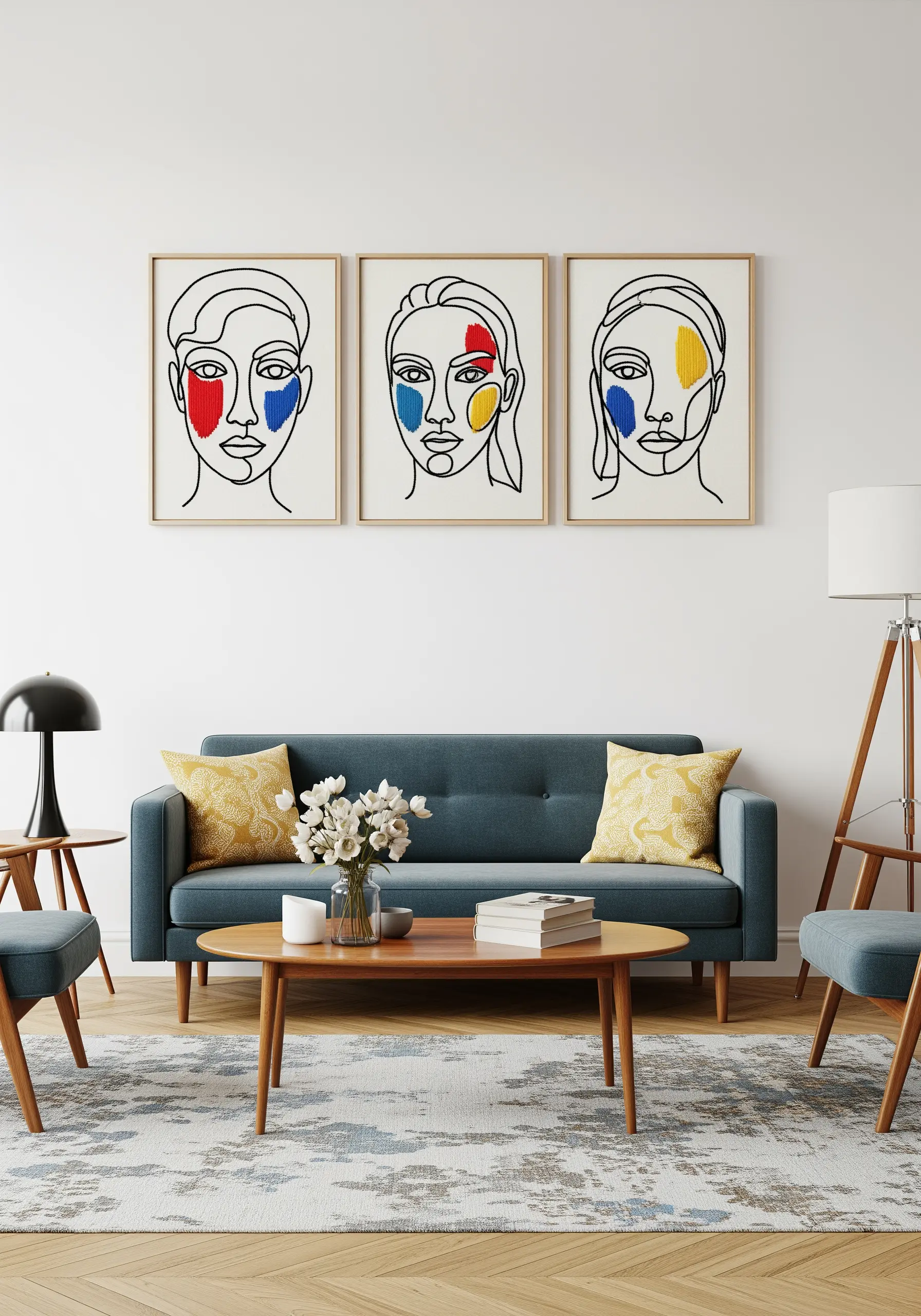 A triptych of framed abstract portraits created with a single black line and blocks of primary colors.