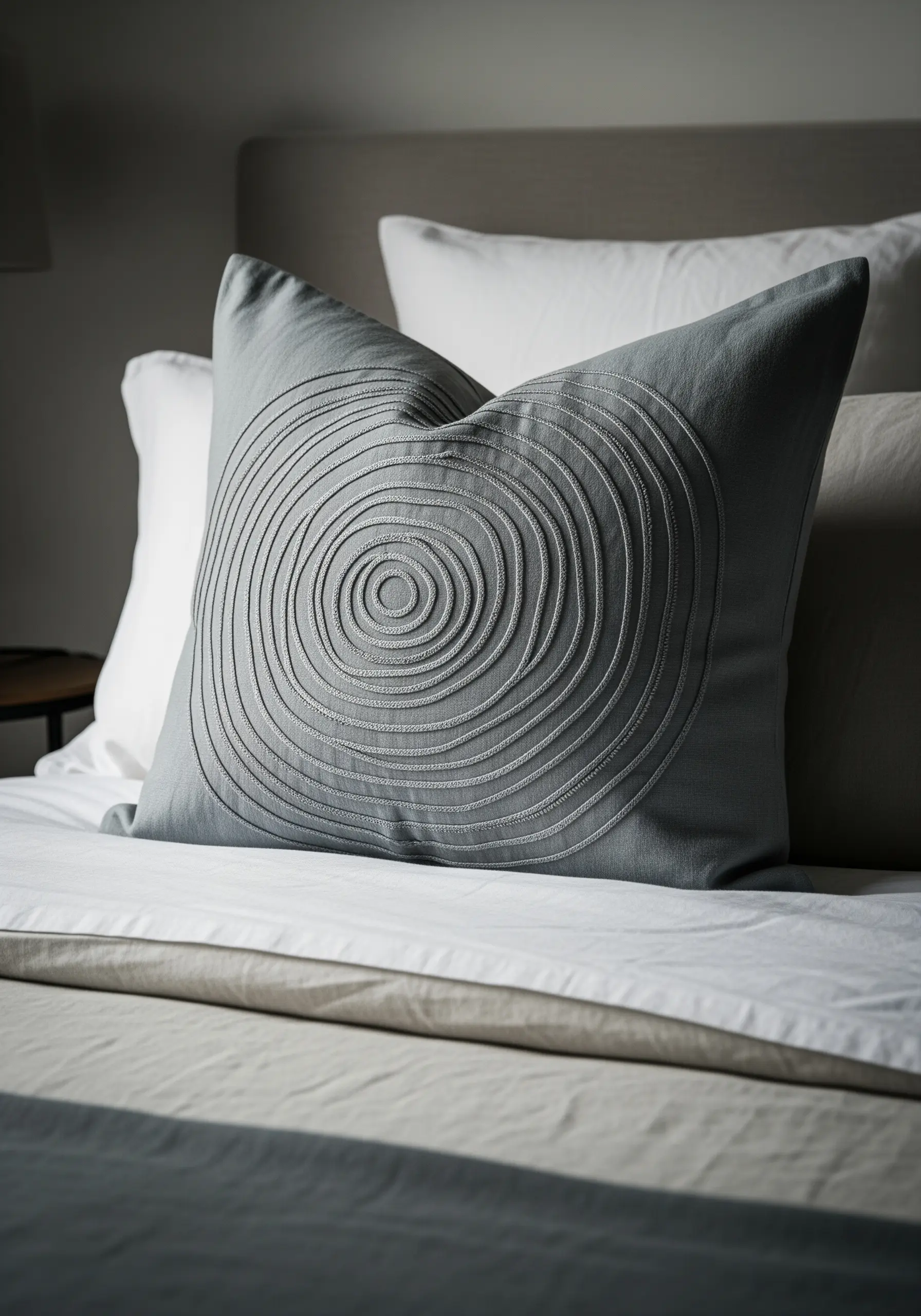 A grey pillow with embroidered concentric circles creating a textured, graphic pattern.