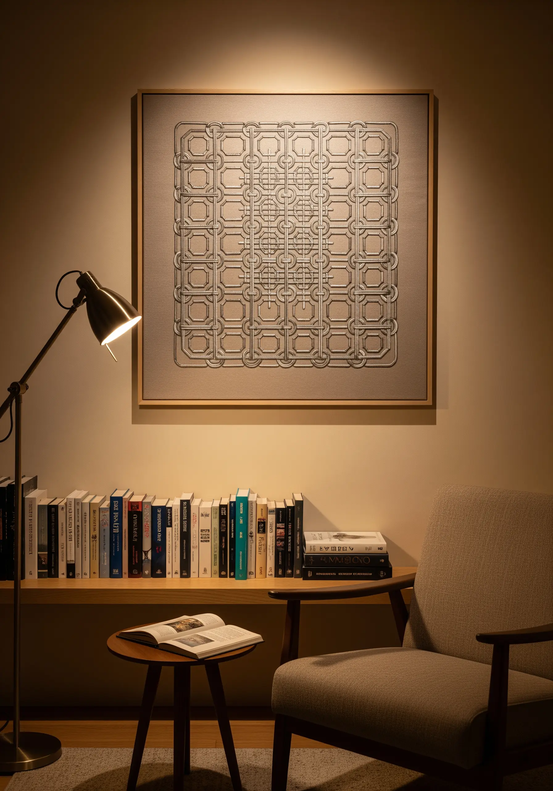 A framed, intricate geometric knot pattern embroidered in a raised satin stitch.