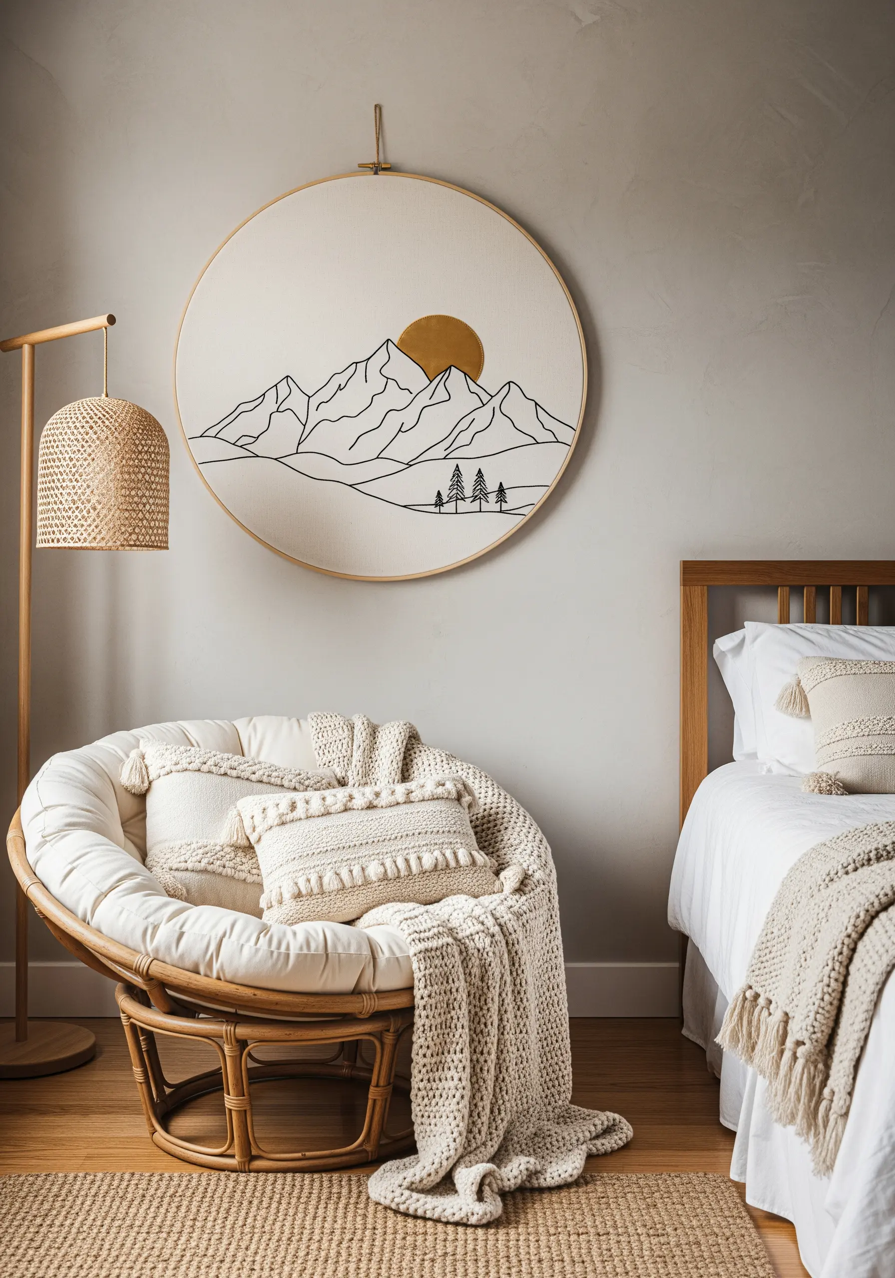 Large embroidery hoop with a minimalist mountain range outline and a solid gold sun.