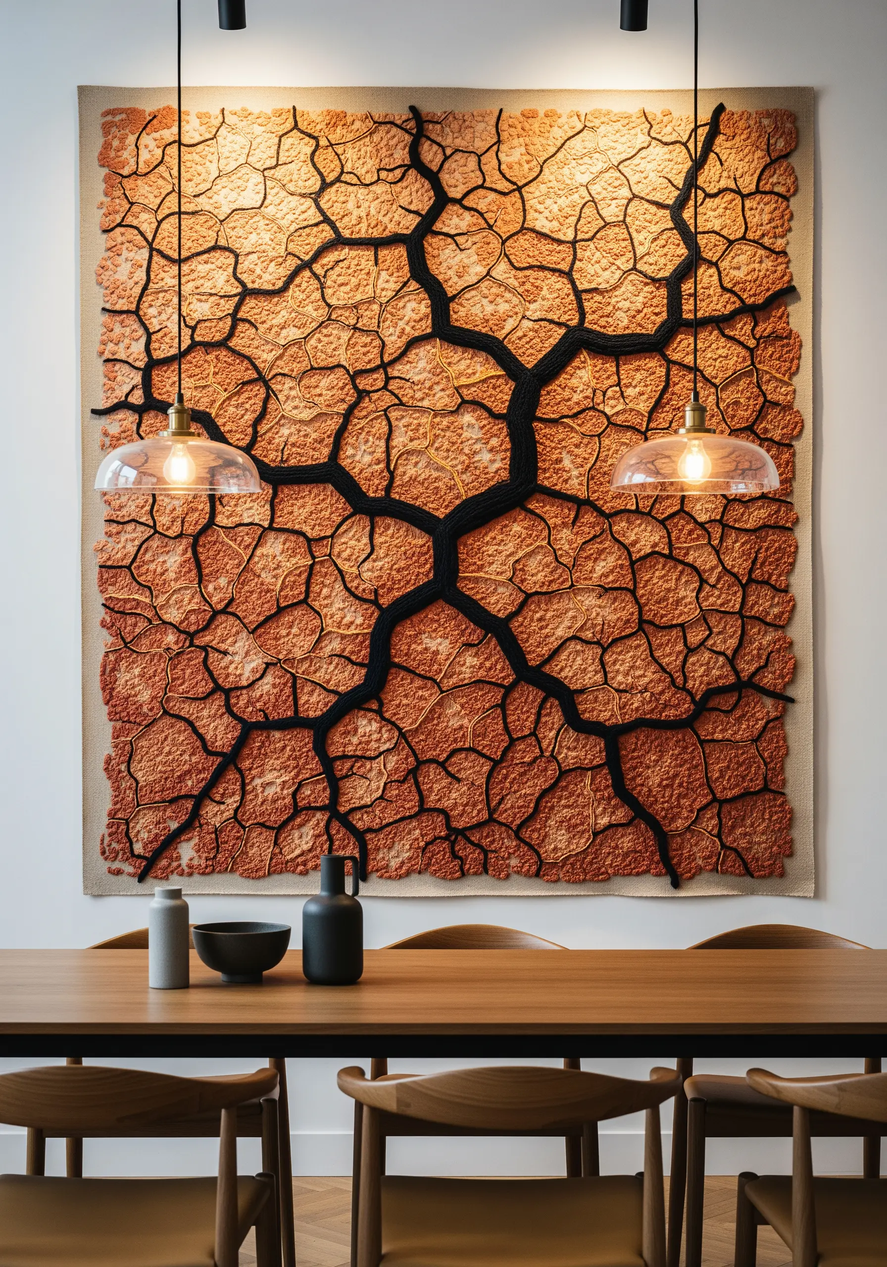 A large wall tapestry depicting cracked dry earth, with thick black lines and textured orange fills.