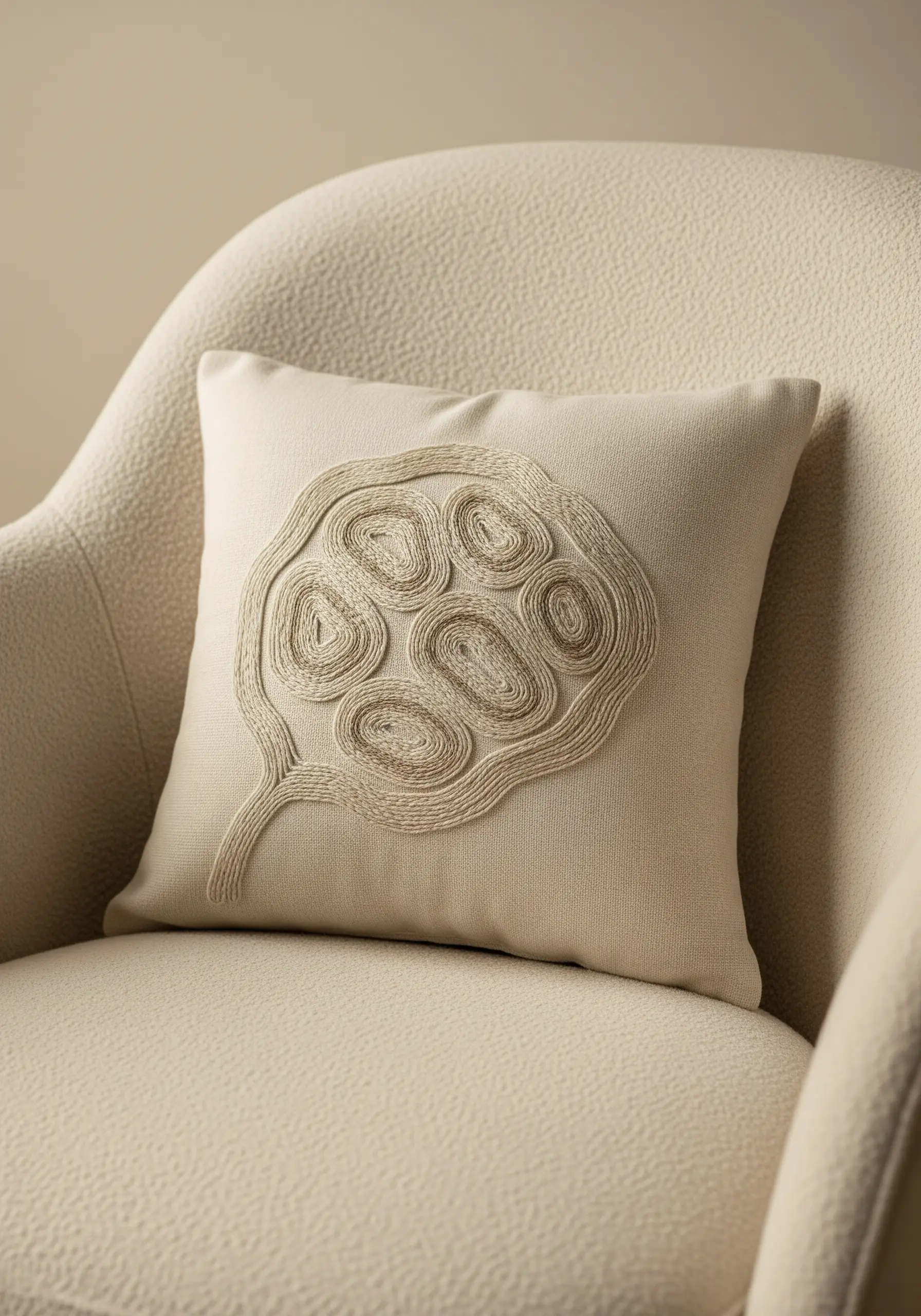 A pillow embroidered with the outline of a lotus seed pod, using thick, couched yarn.