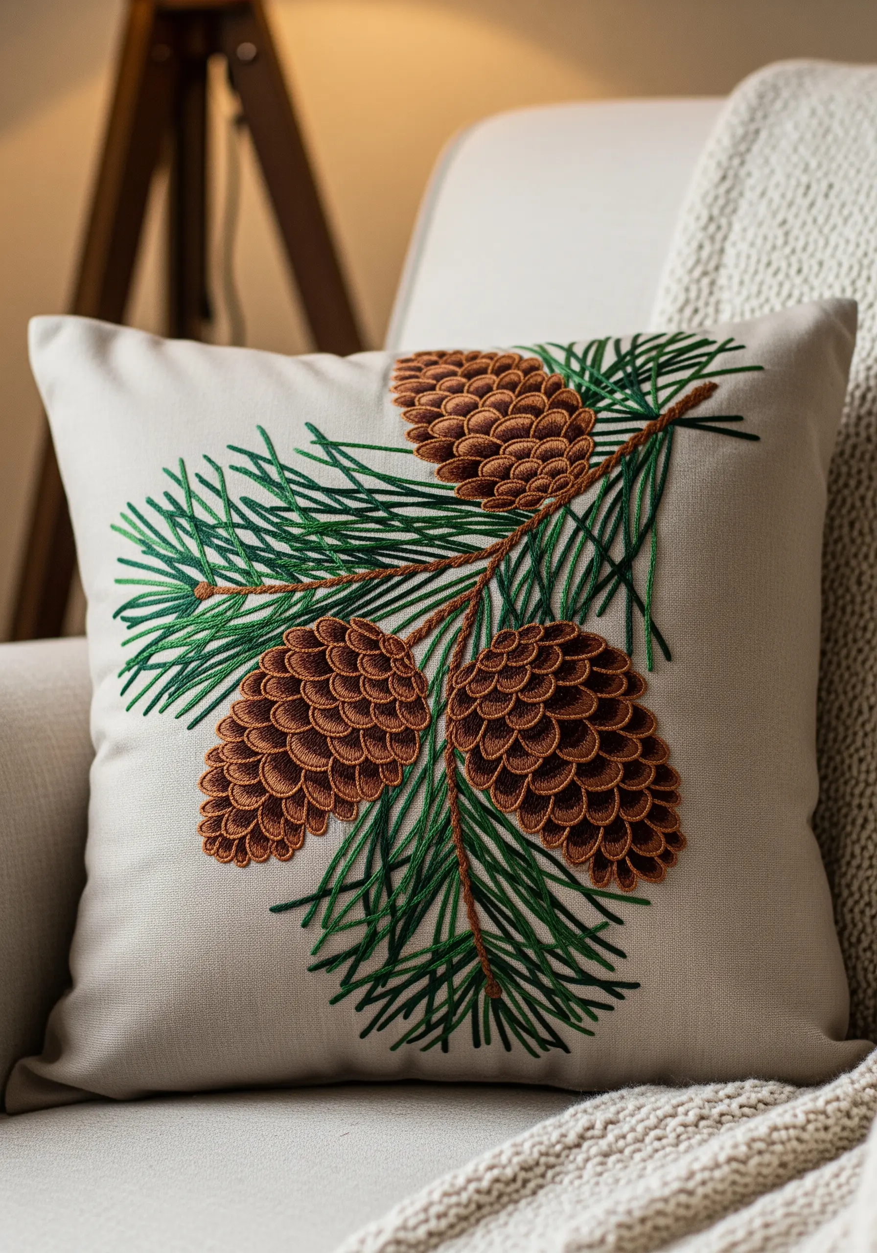 A beige pillow embroidered with a realistic branch of pine needles and pinecones.