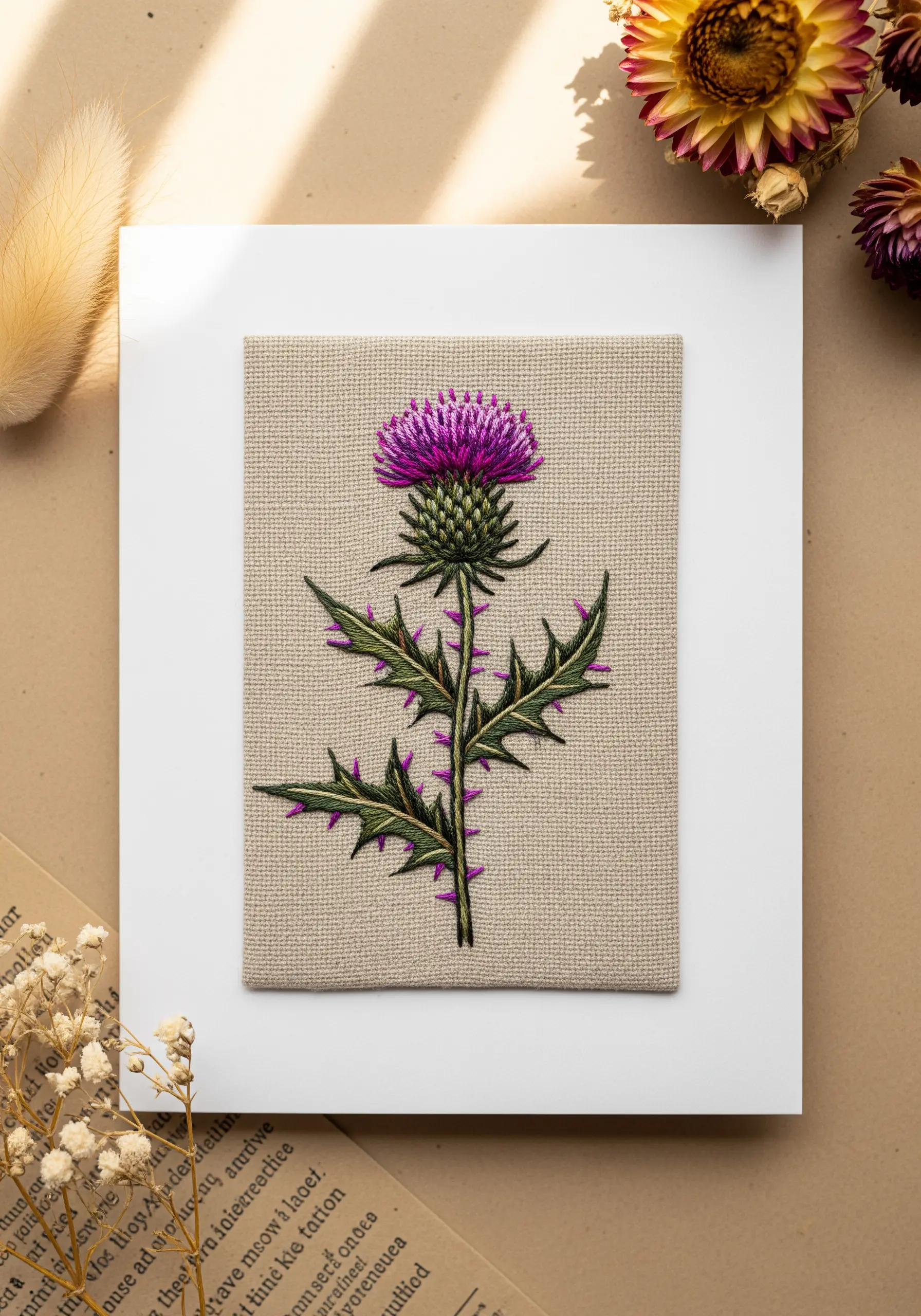 A single Scottish thistle embroidered on neutral linen, displayed in a white mat.