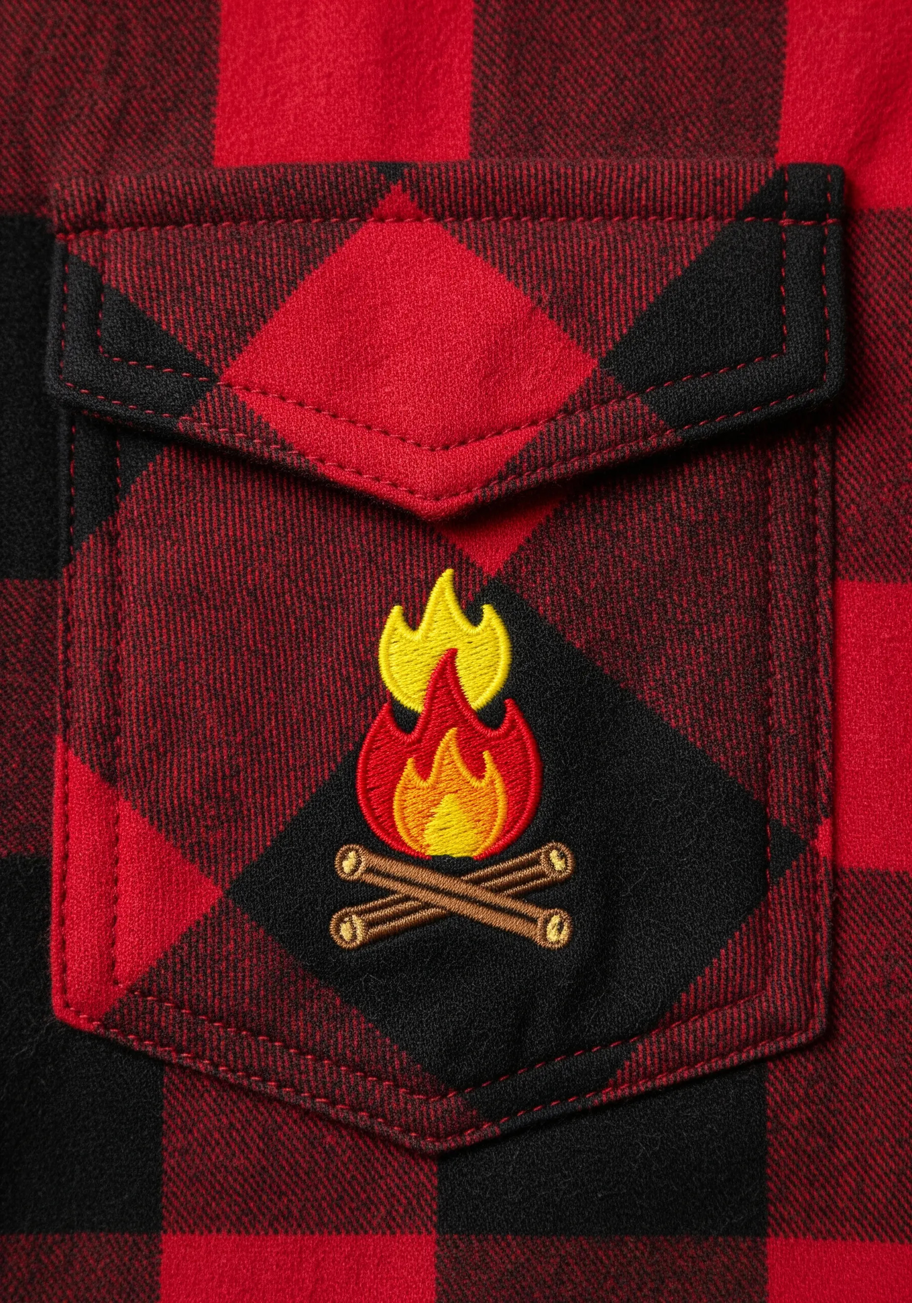 A brightly colored campfire motif with a bold red outline on a red-and-black plaid shirt pocket.