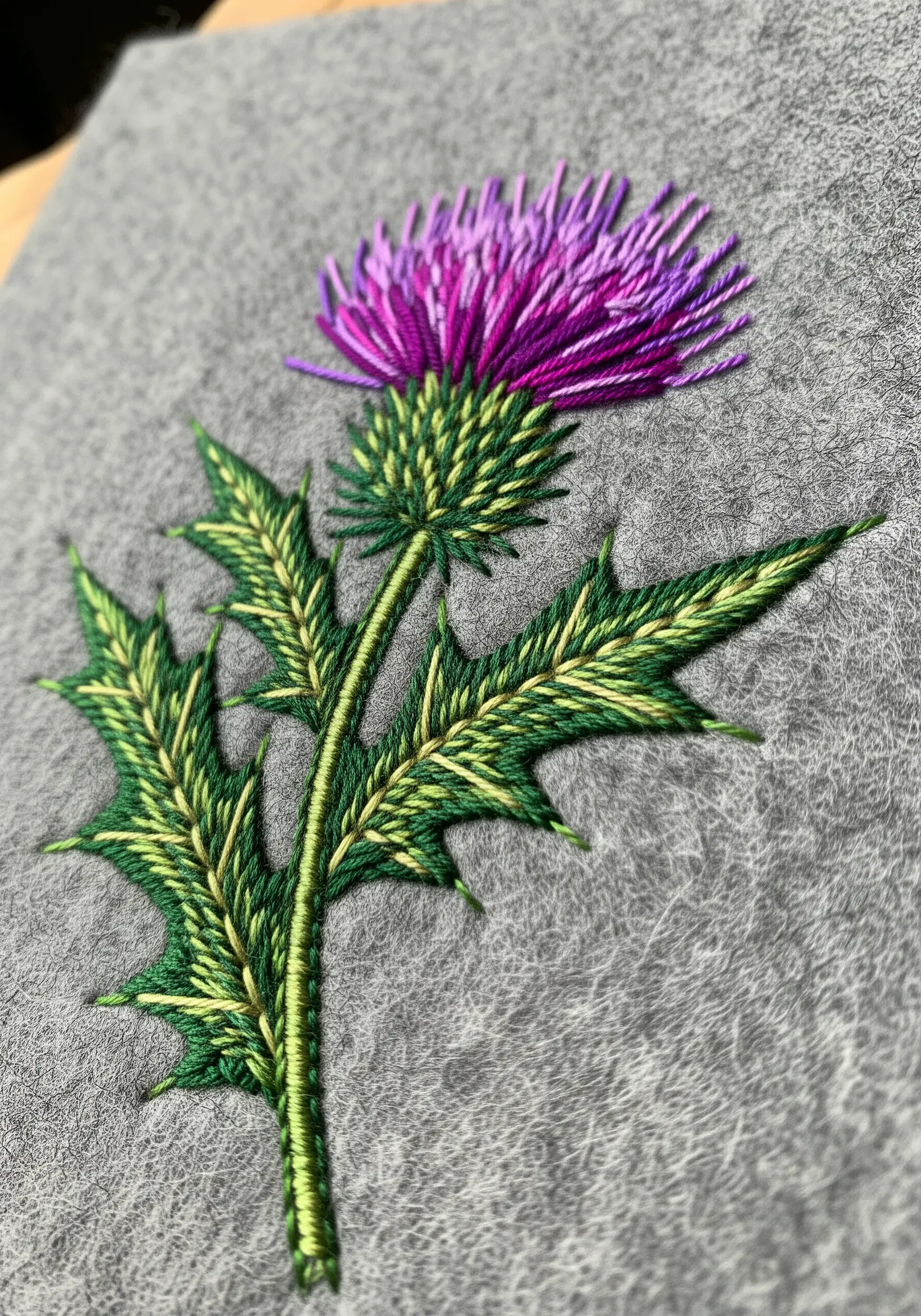 A detailed Scottish thistle embroidered on grey felt with sharp green leaves and a purple top.