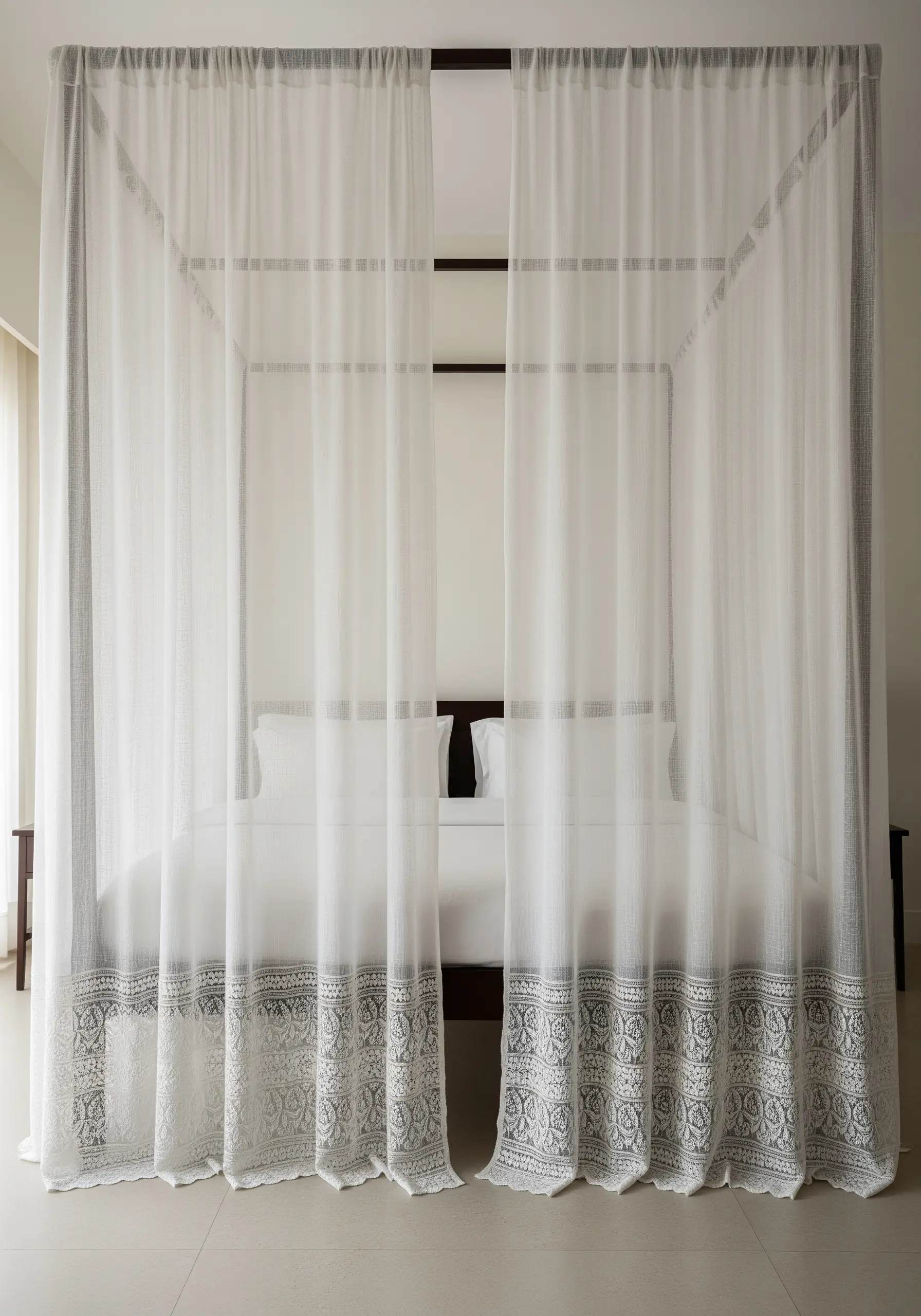 Sheer white canopy bed curtains with a wide, intricate white-on-white embroidered lace border.