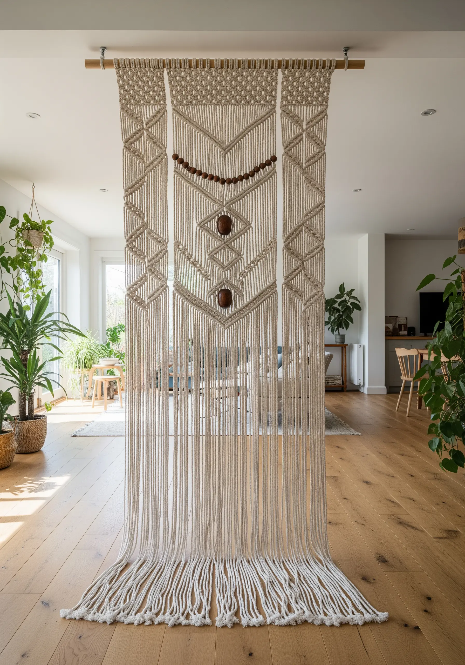 A large macrame wall hanging with geometric patterns functioning as a room divider.