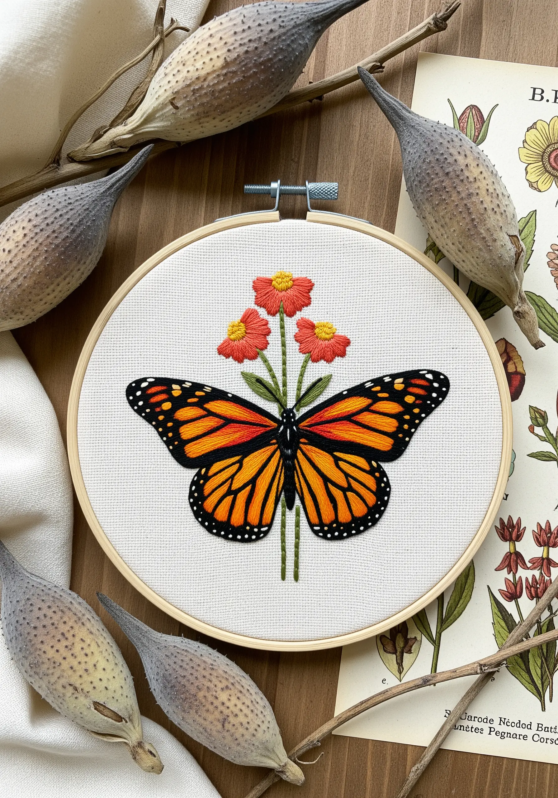 A Monarch butterfly embroidered with bold orange and black satin stitch.