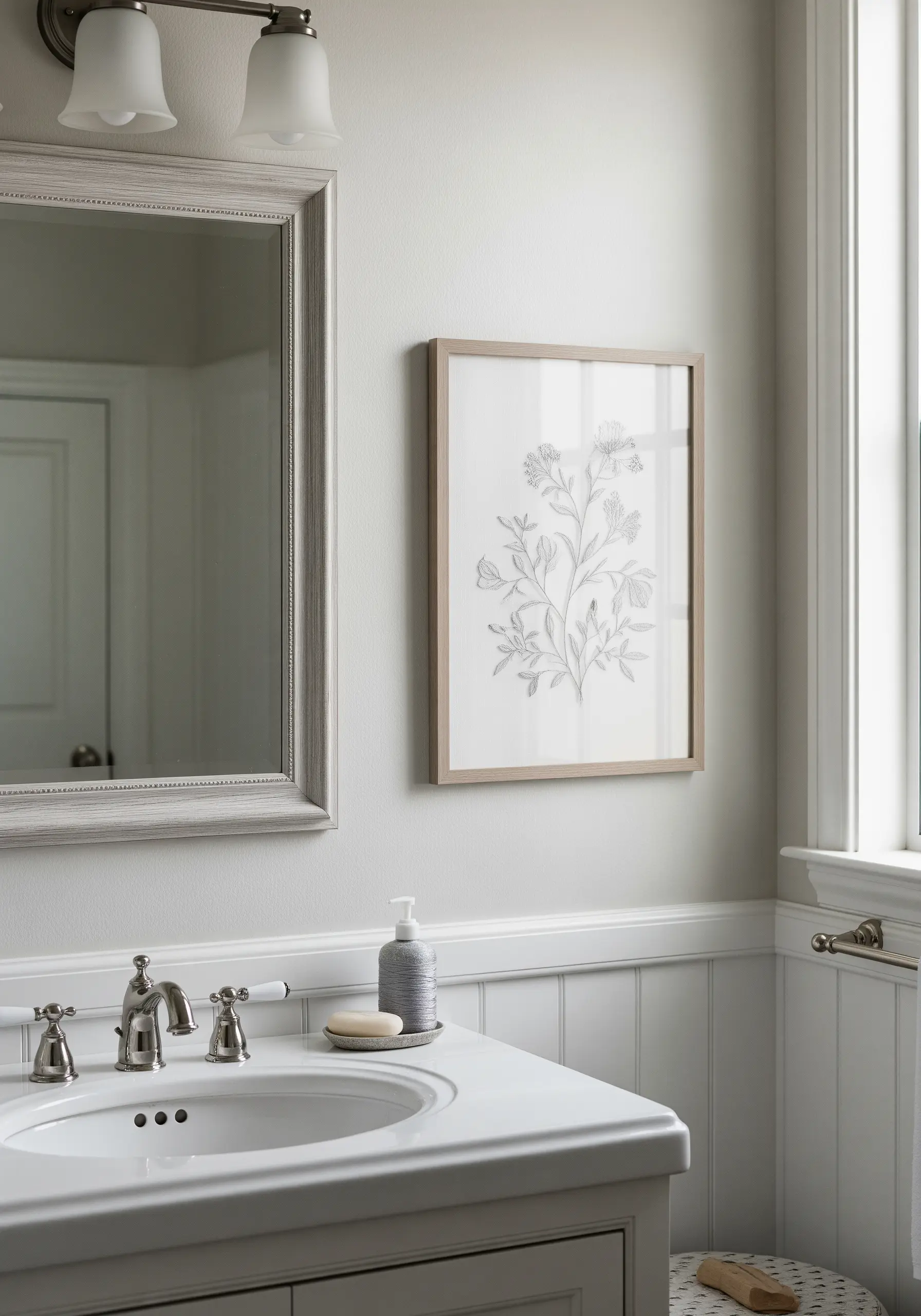 Framed botanical line drawing embroidered in a single grey thread on white fabric.