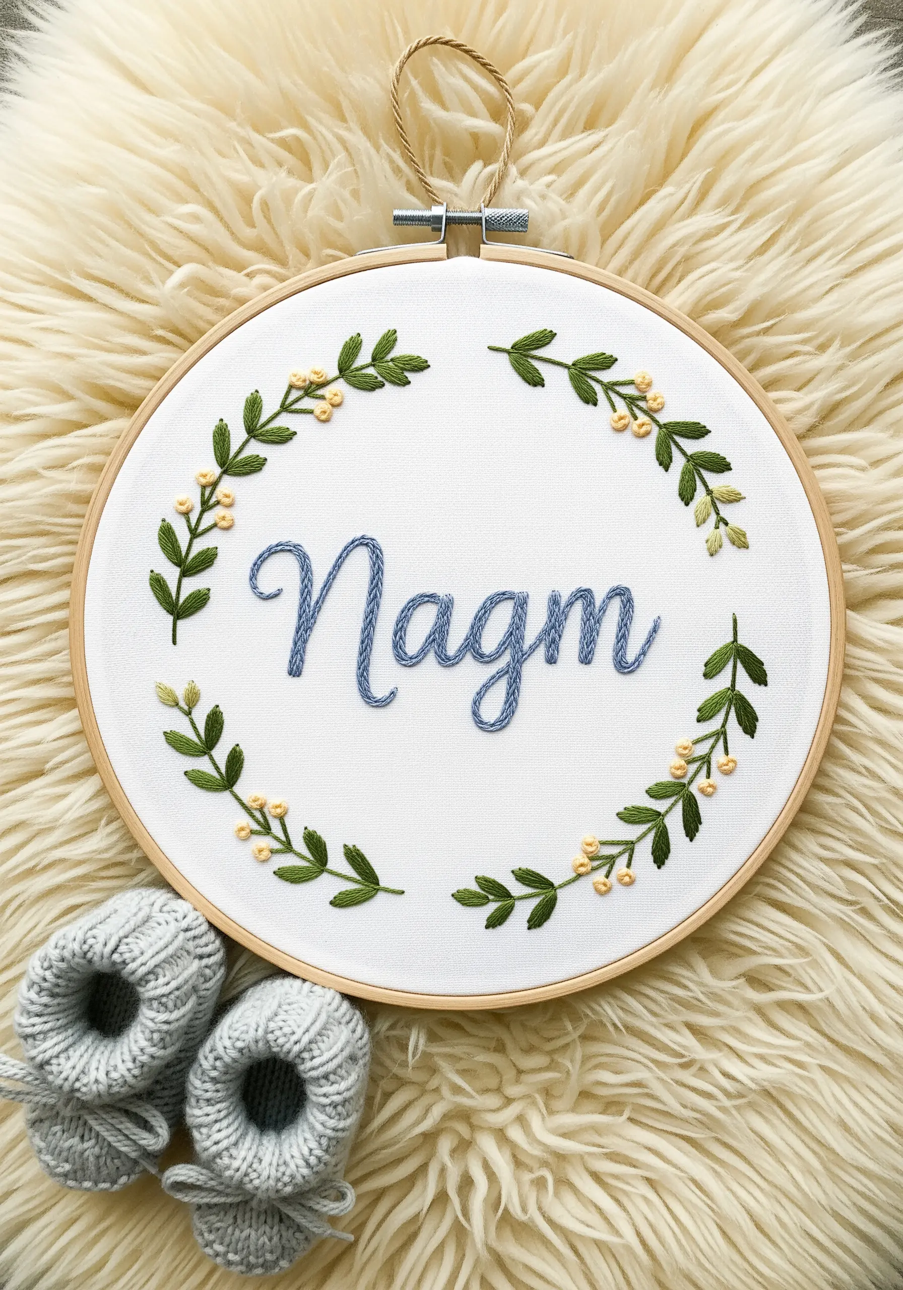 An embroidery hoop with a baby's name in blue script, framed by a delicate green botanical wreath.
