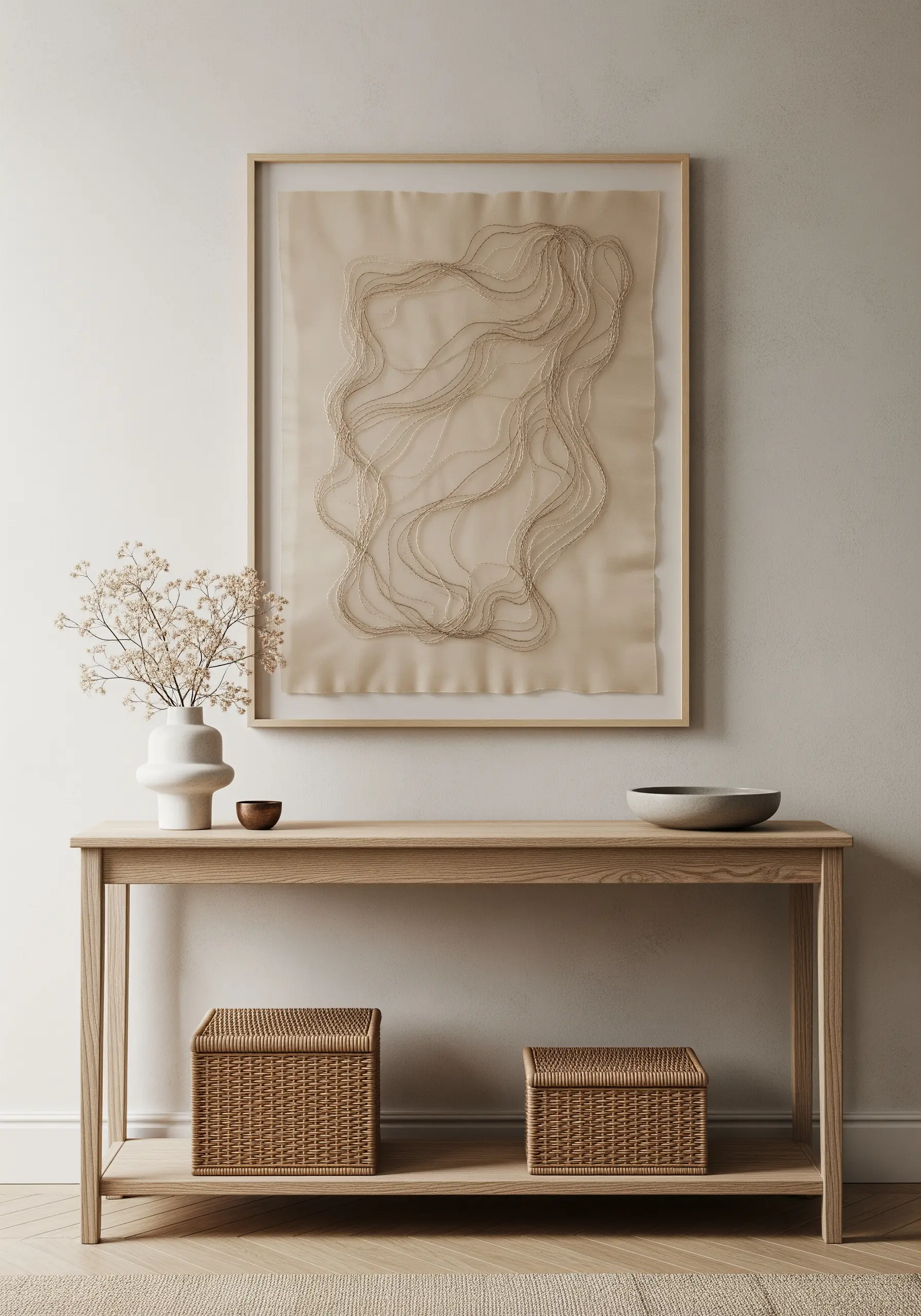 Framed wall art with abstract, flowing lines stitched in gold thread on beige fabric.