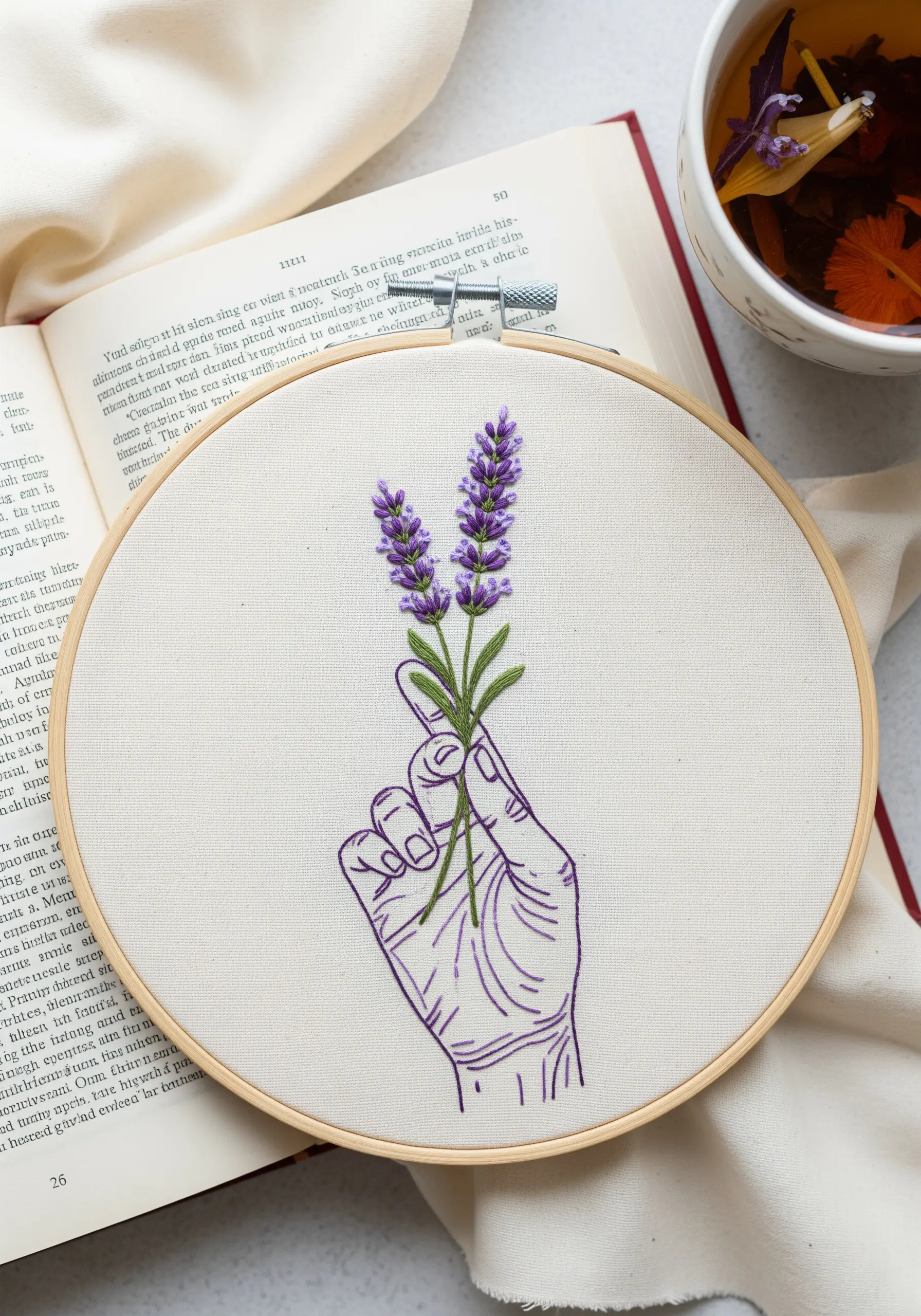 A hand outlined in purple thread holding delicately stitched lavender flowers.