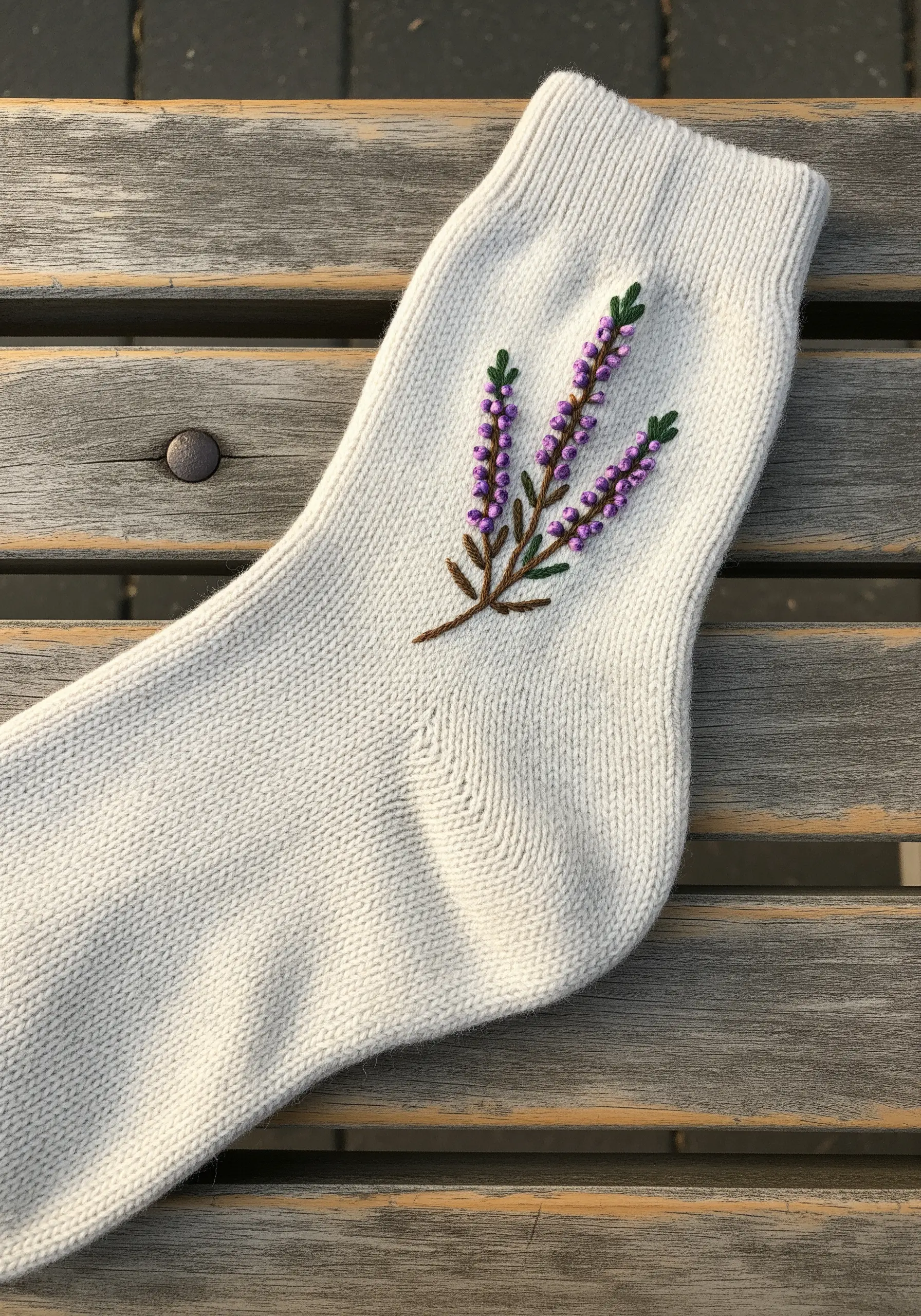 Three sprigs of purple heather embroidered on the ankle of a light grey knit sock.