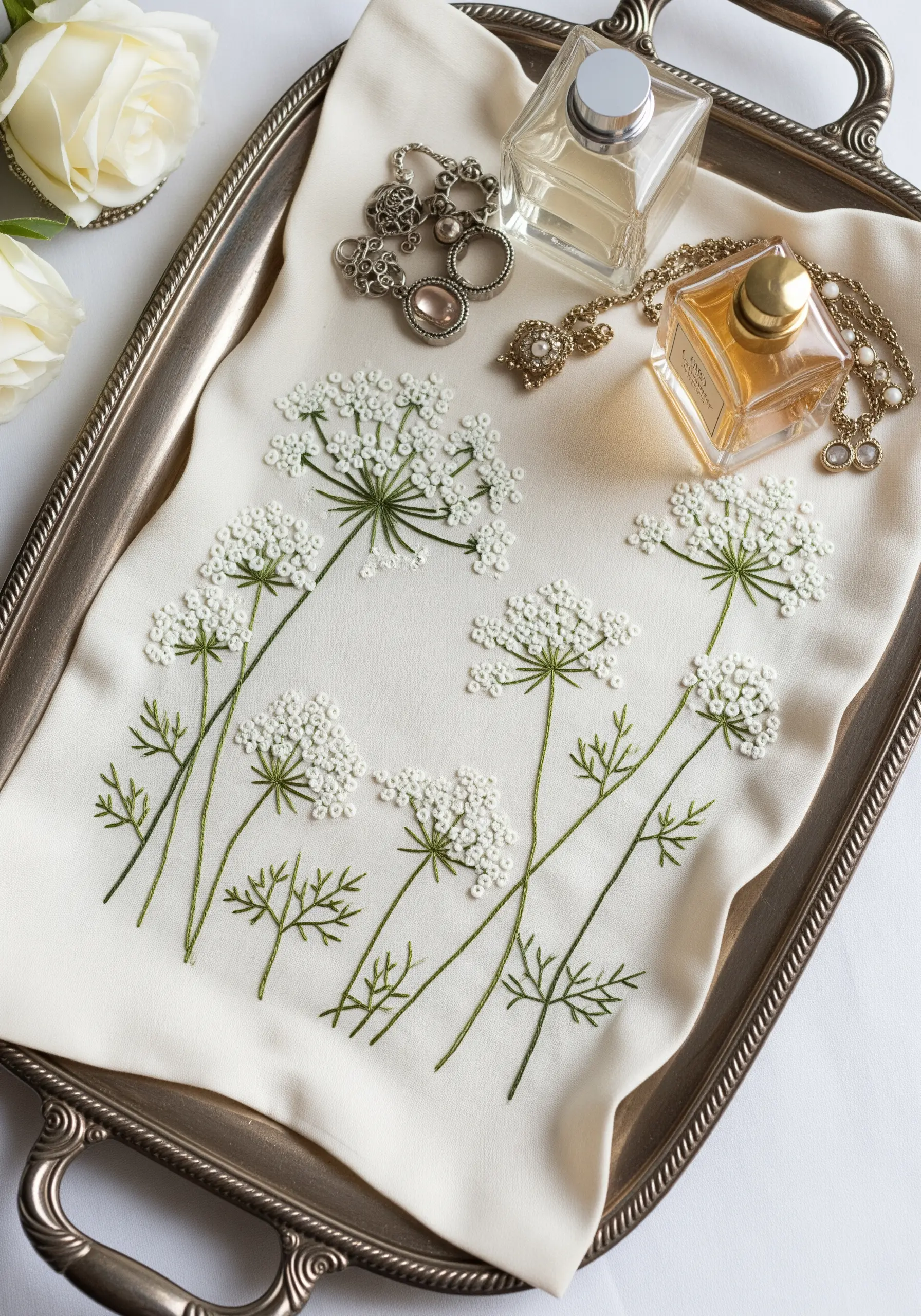 Delicate white Queen Anne's Lace embroidered on a cream-colored tray liner.