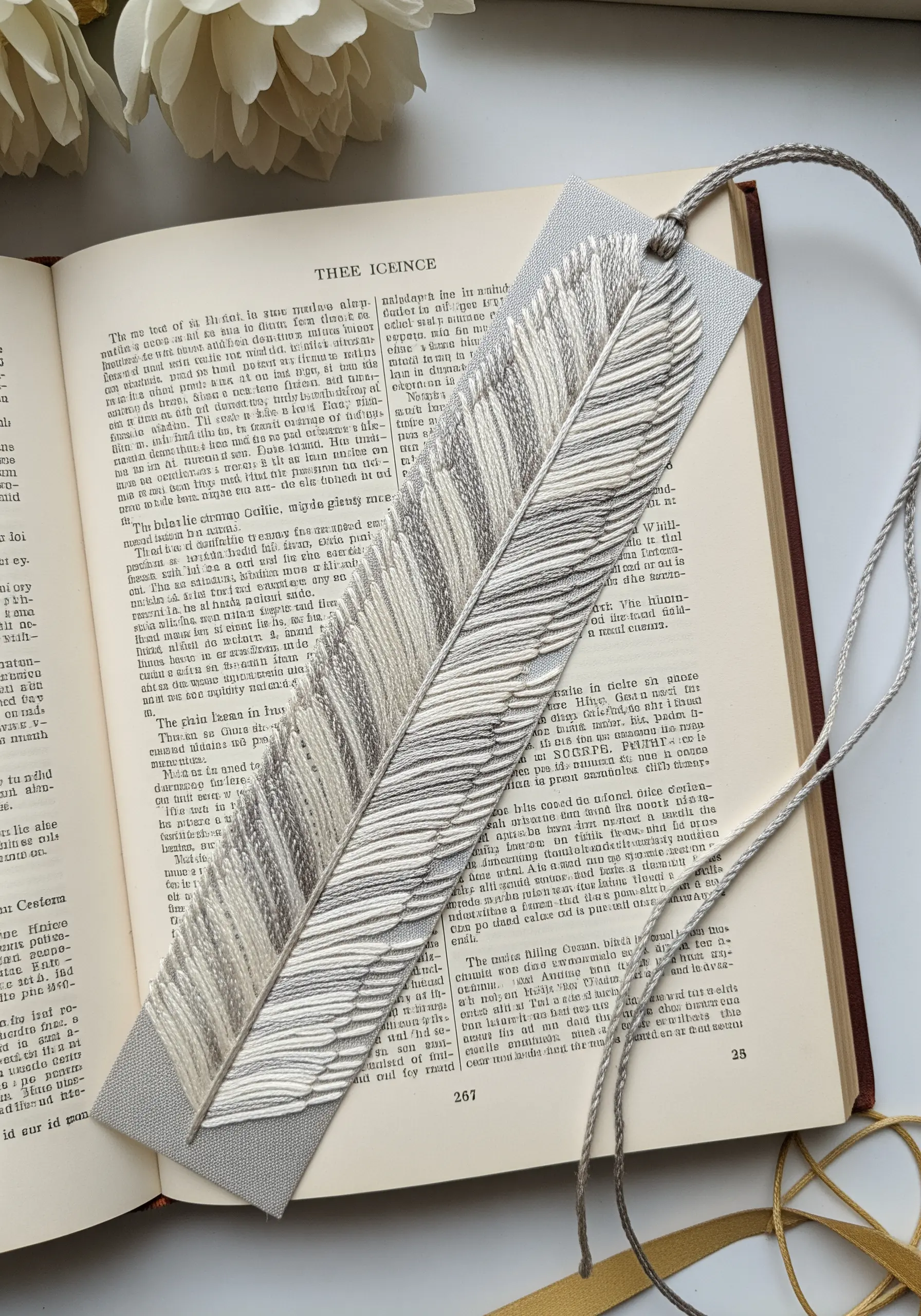 An embroidered bookmark in the shape of a delicate feather, stitched in white and gray.