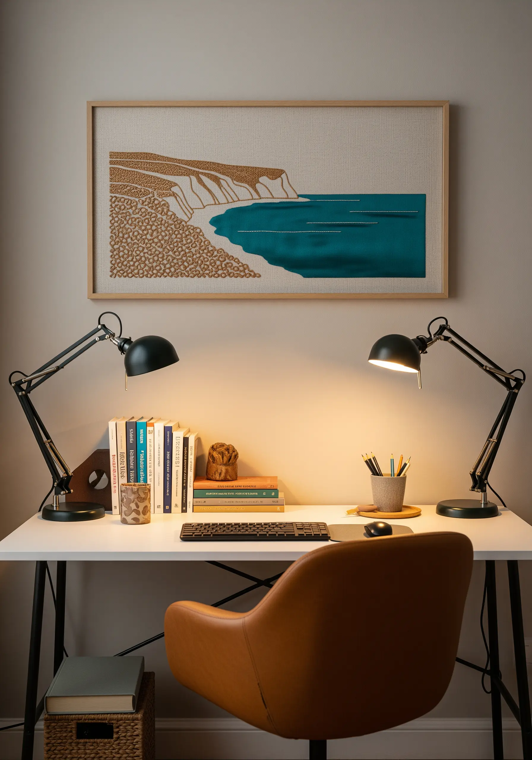 Framed embroidery of a coastal scene with textured cliffs, satin stitch water, and a blank sky.