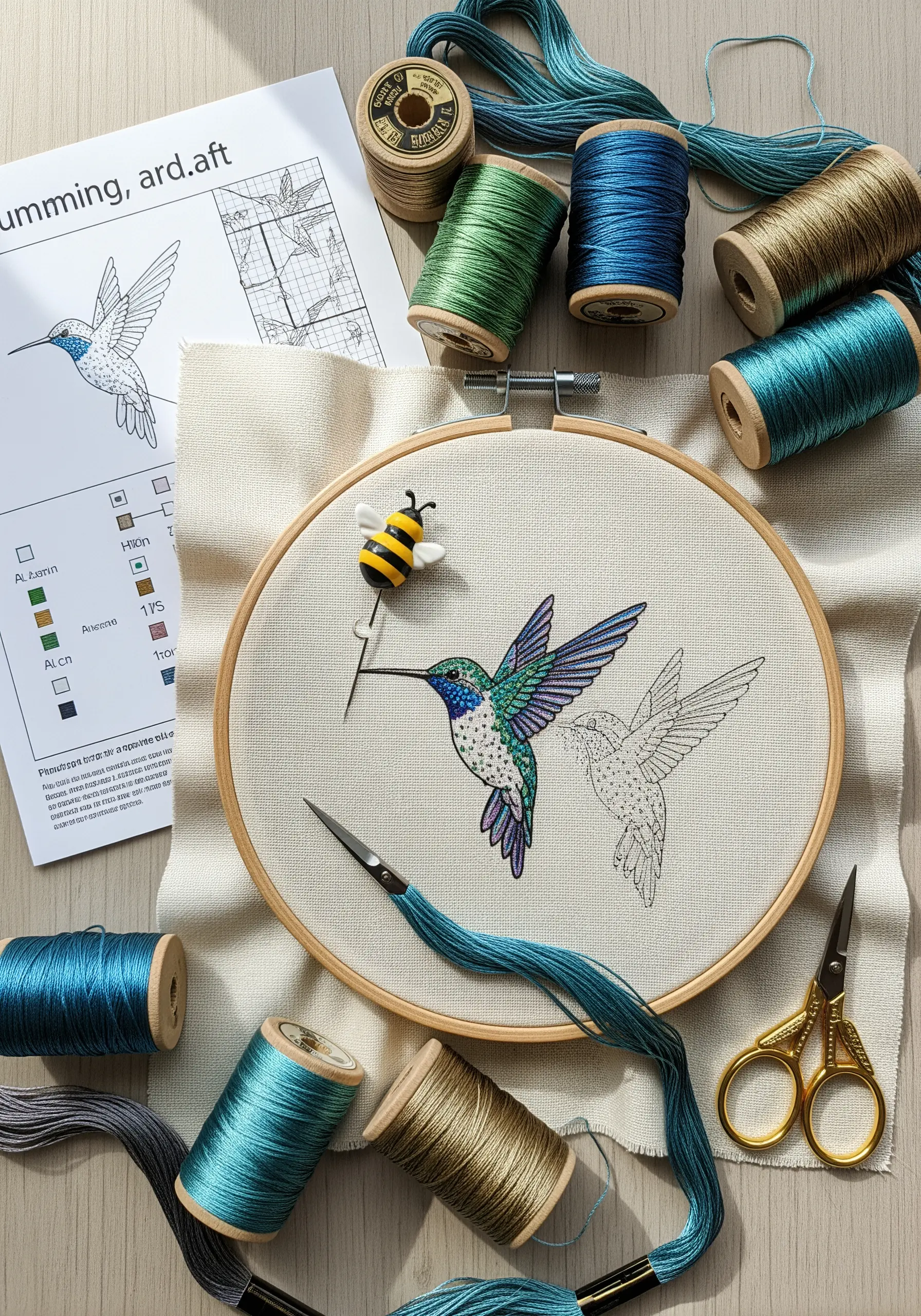 A work-in-progress embroidery of a hummingbird, showing the pattern and threads.