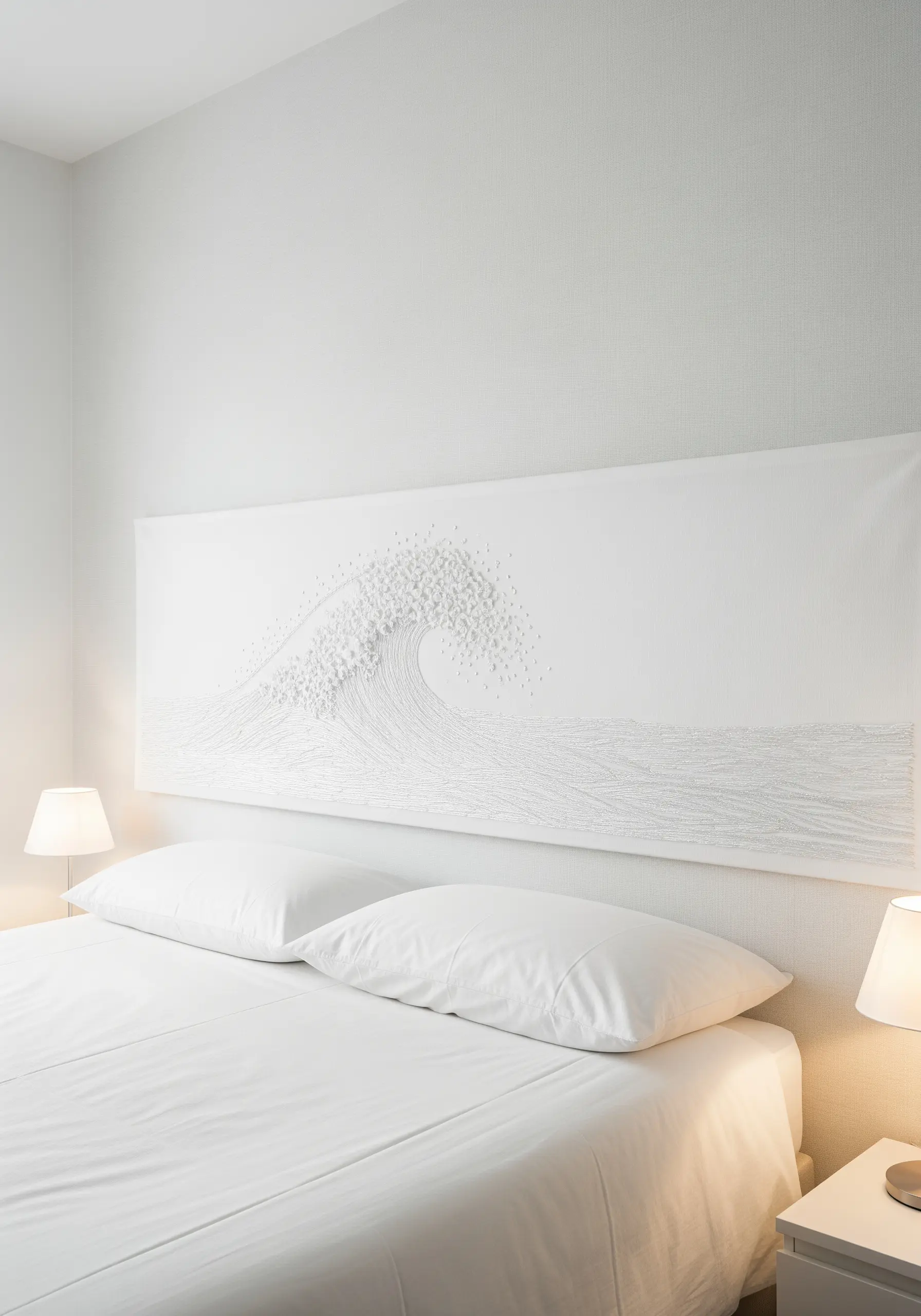 A large white-on-white embroidery of an ocean wave, hung as a headboard in a bedroom.