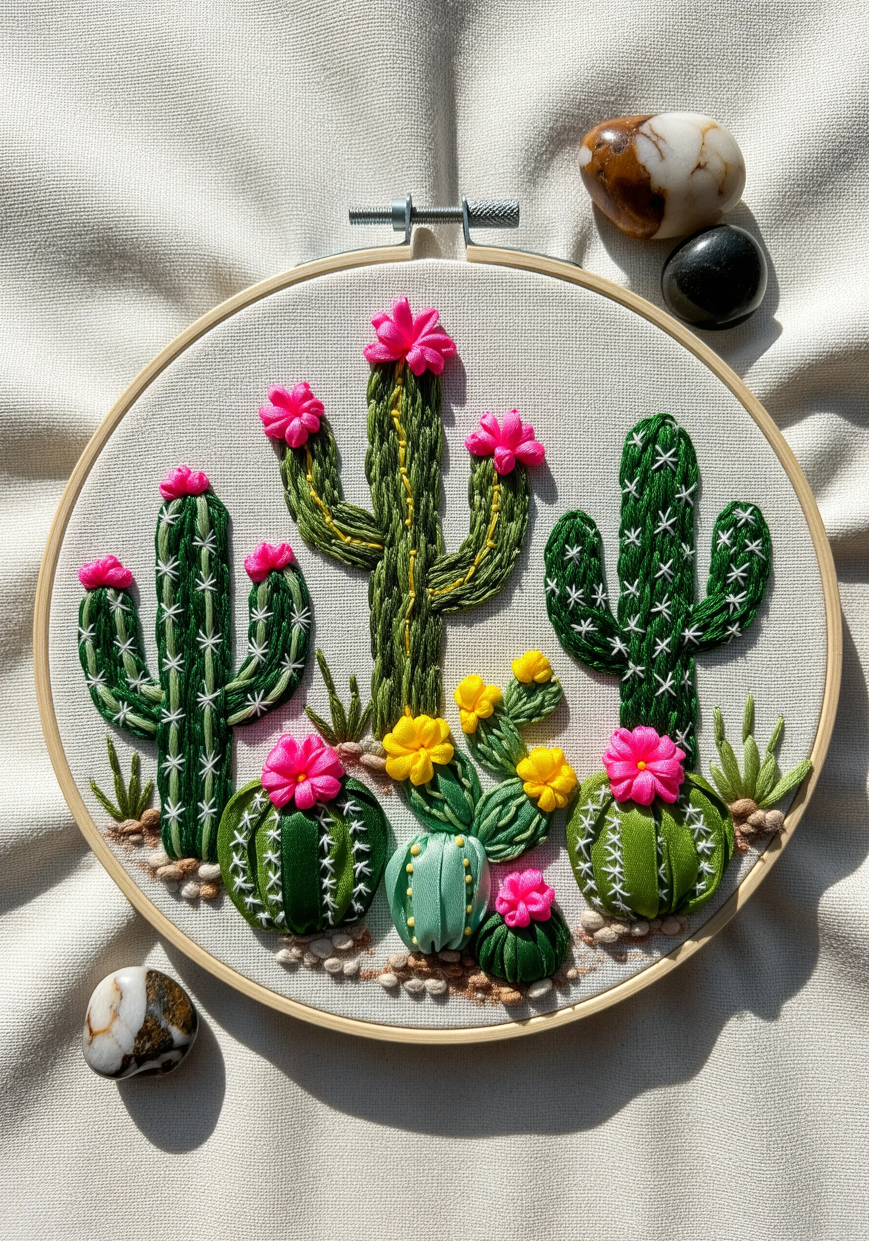 A hoop art piece of various cacti, combining green thread embroidery with pink ribbon flowers.