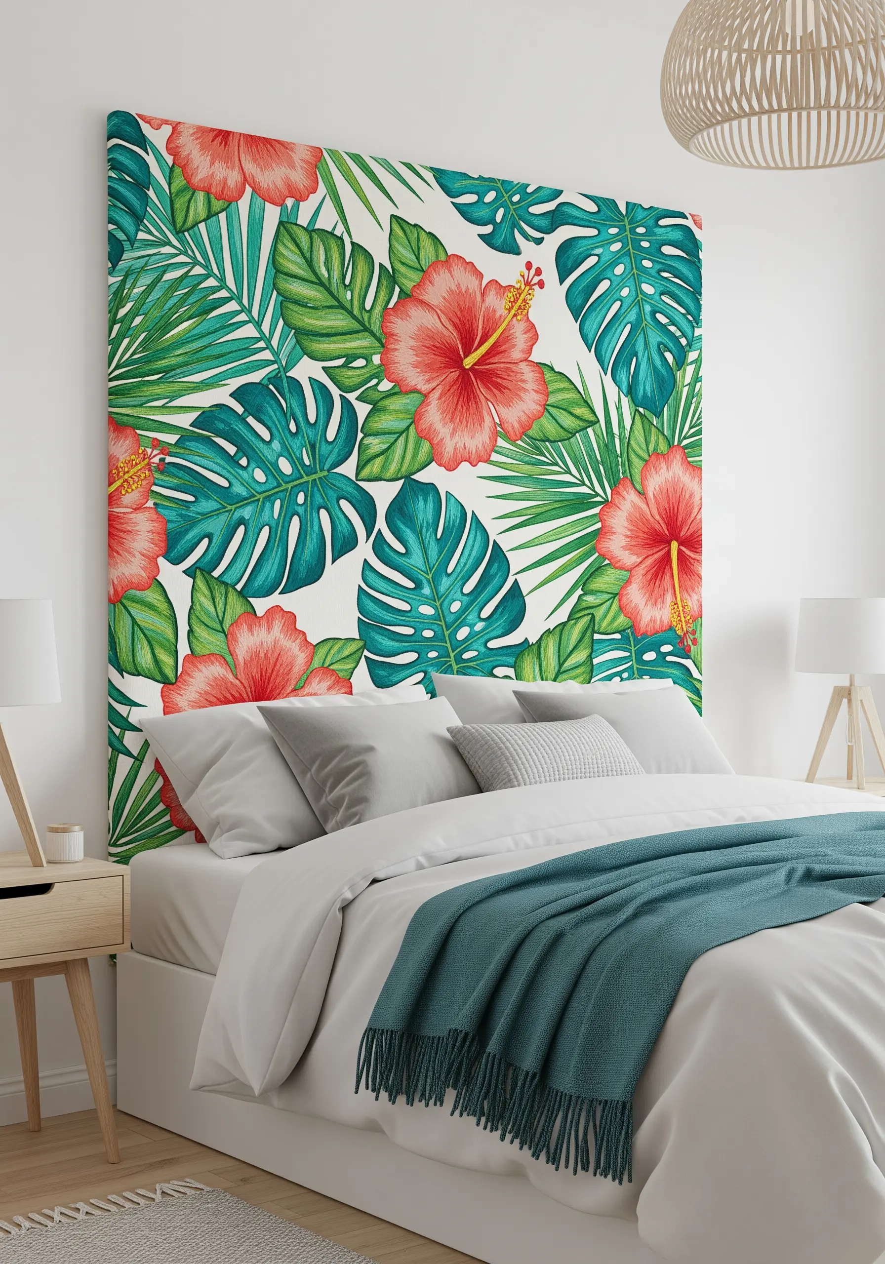 A fabric headboard fully embroidered with a bold pattern of red hibiscus flowers and tropical leaves.