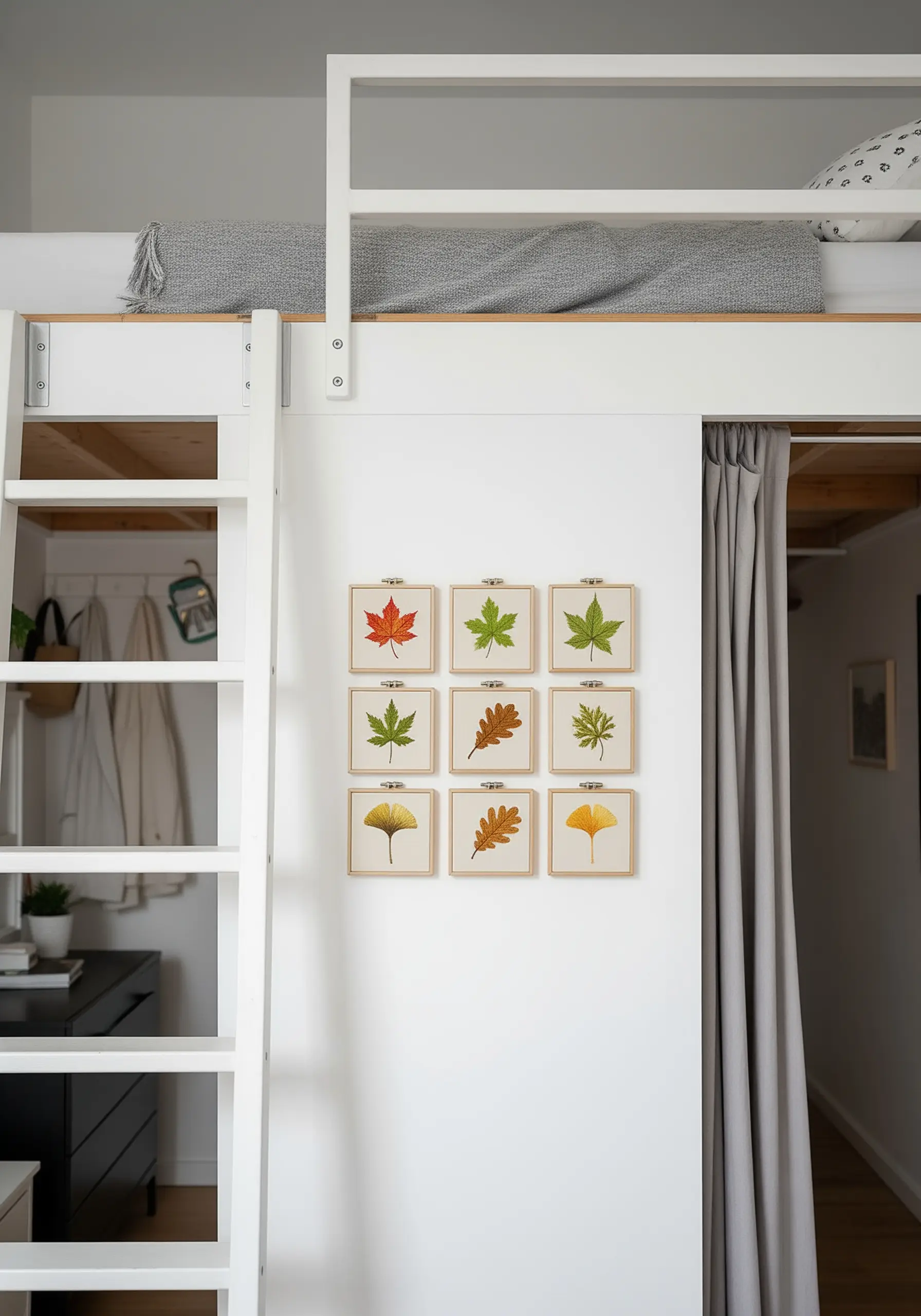 A 3x3 grid of nine square-framed embroideries, each featuring a different type of autumn leaf.