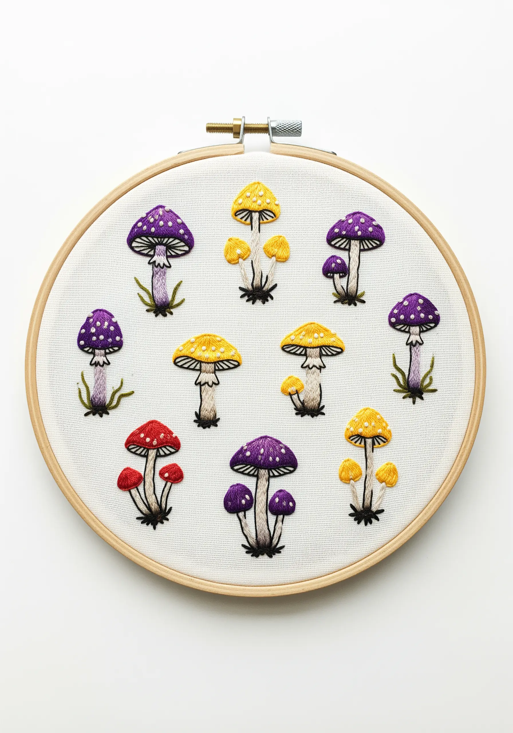 A pattern of small, colorful mushrooms embroidered in a grid on white fabric.