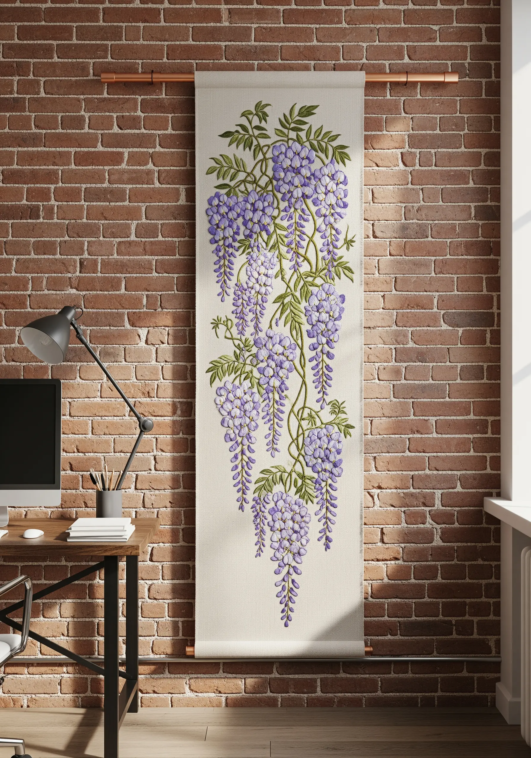 A long vertical wall tapestry embroidered with cascading purple wisteria.